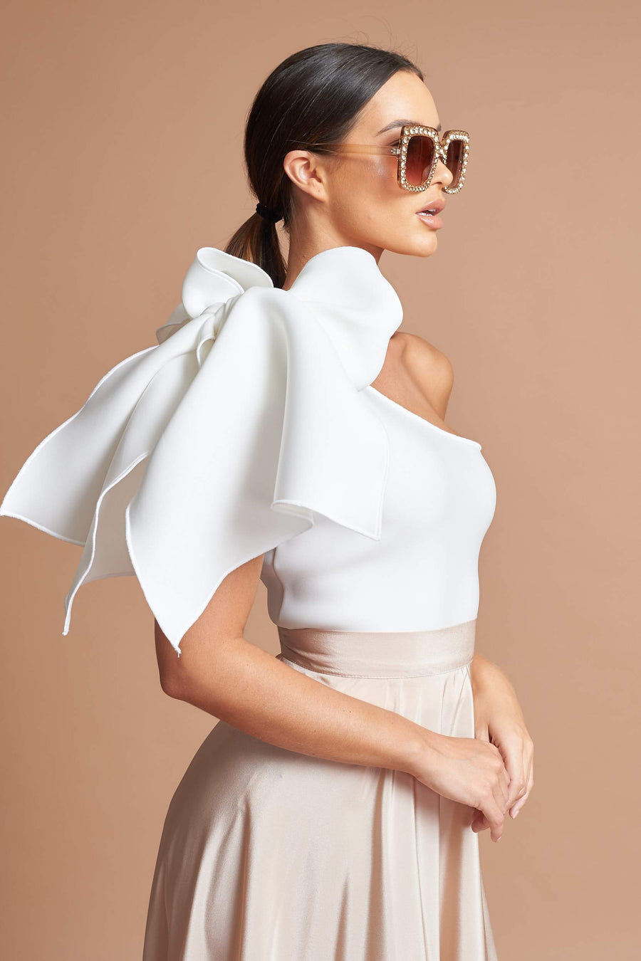 Ivory One Shoulder Bow Top - SALE