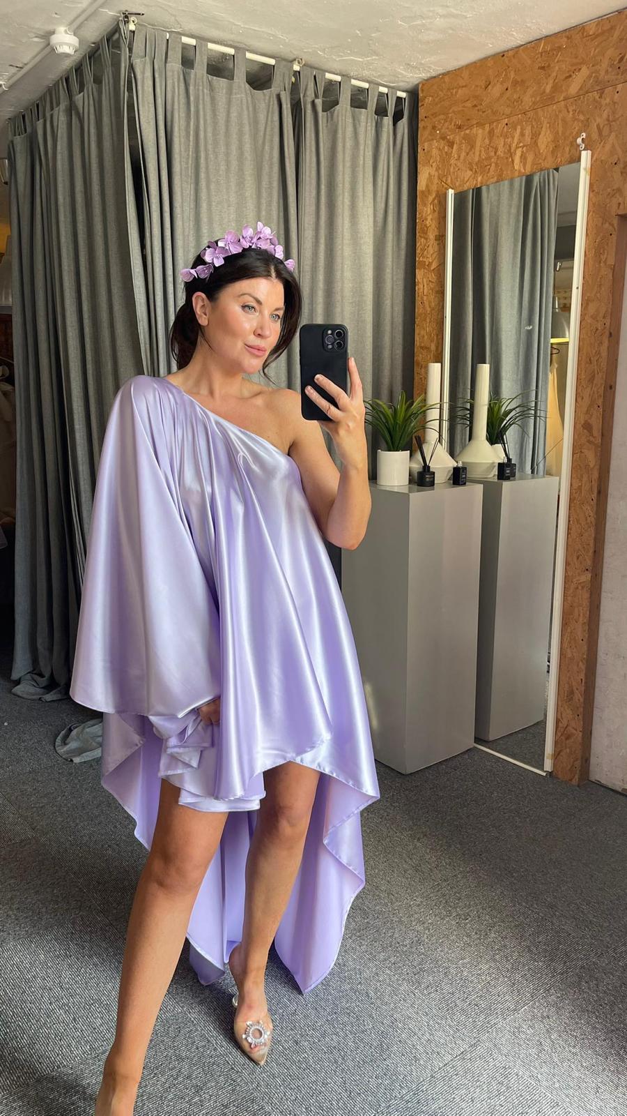 Lilac Sheen Asymmetric Cuff Drape Dress