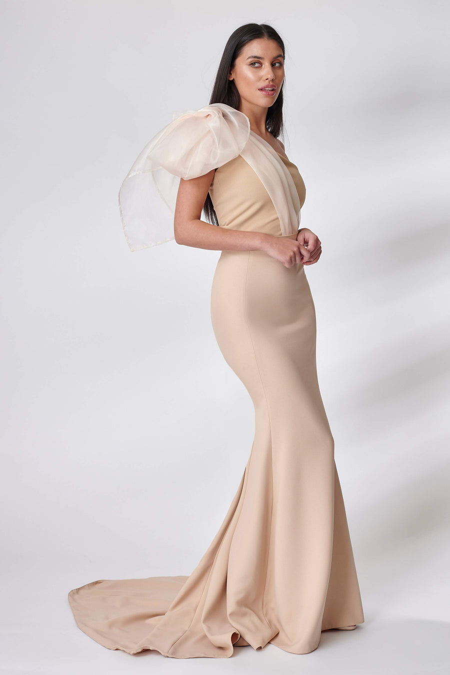 Beige Organza Bow Bridesmaid Dress