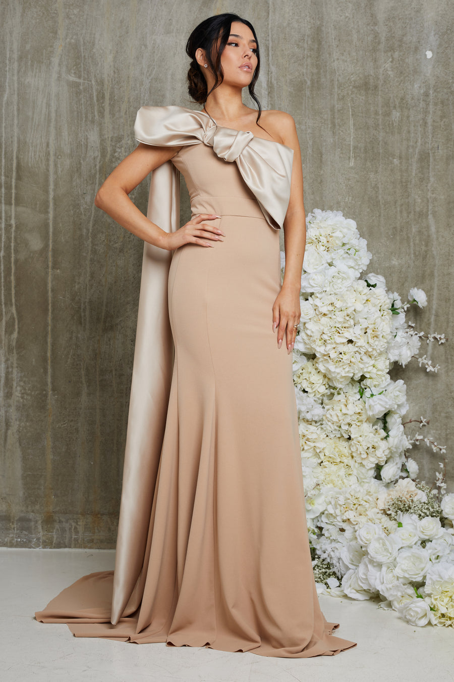 Tia Beige Asymmetric Bow Shoulder Bridesmaid Dress