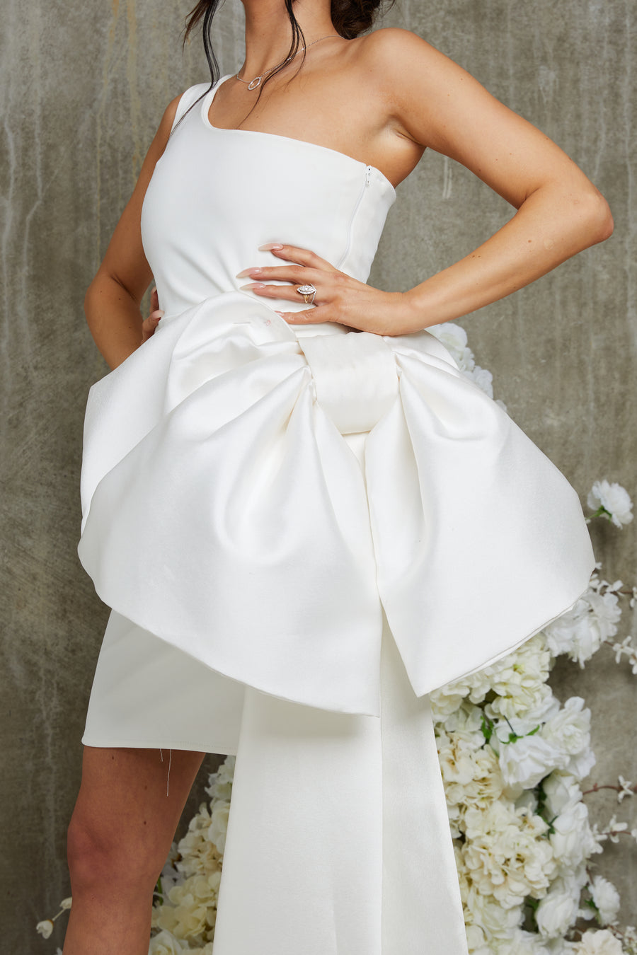 Harper Asymmetric Satin Bow Mini Dress