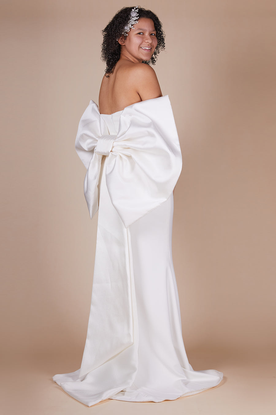 Dream Ivory Duchess Satin Bow Mini Maid Dress