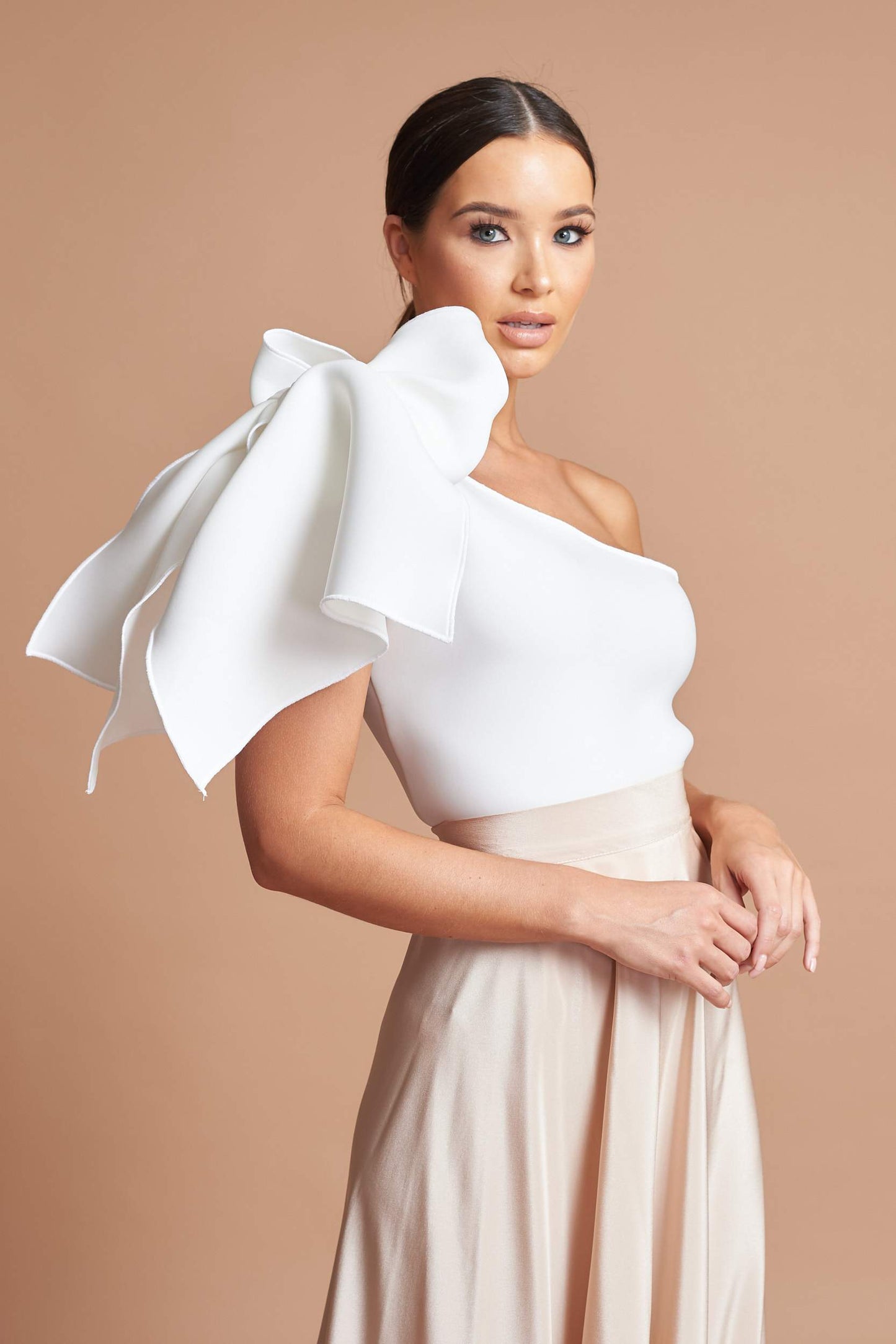 Beige One Shoulder Bow Top - Colour Pink - SALE