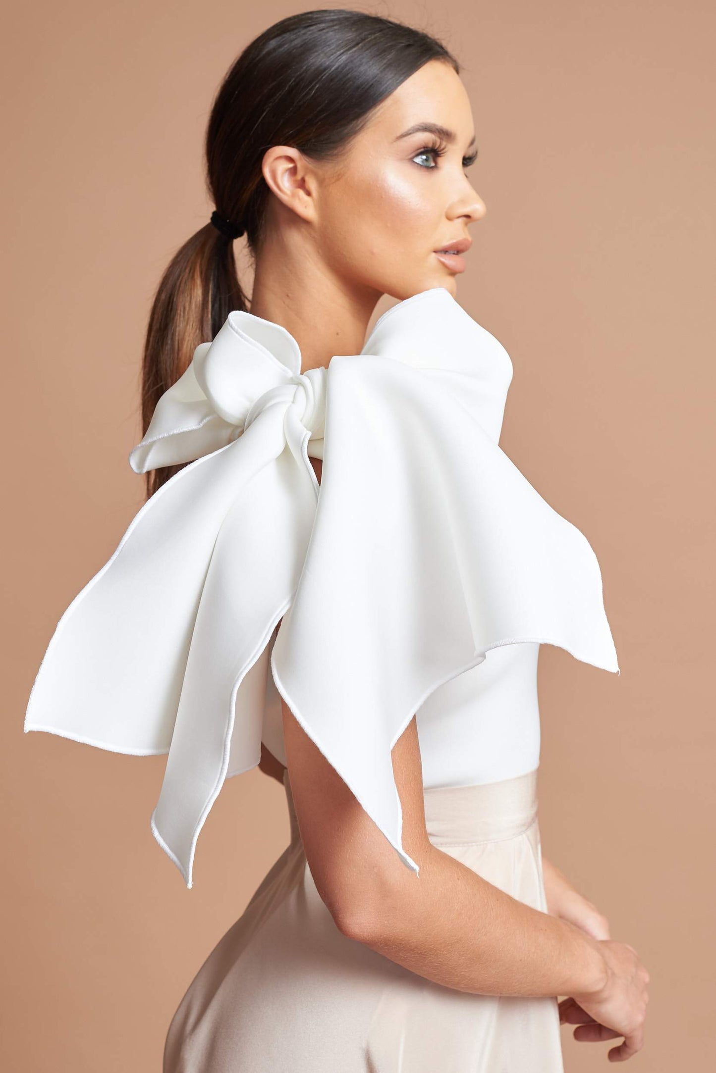 Beige One Shoulder Bow Top - Colour Pink - SALE