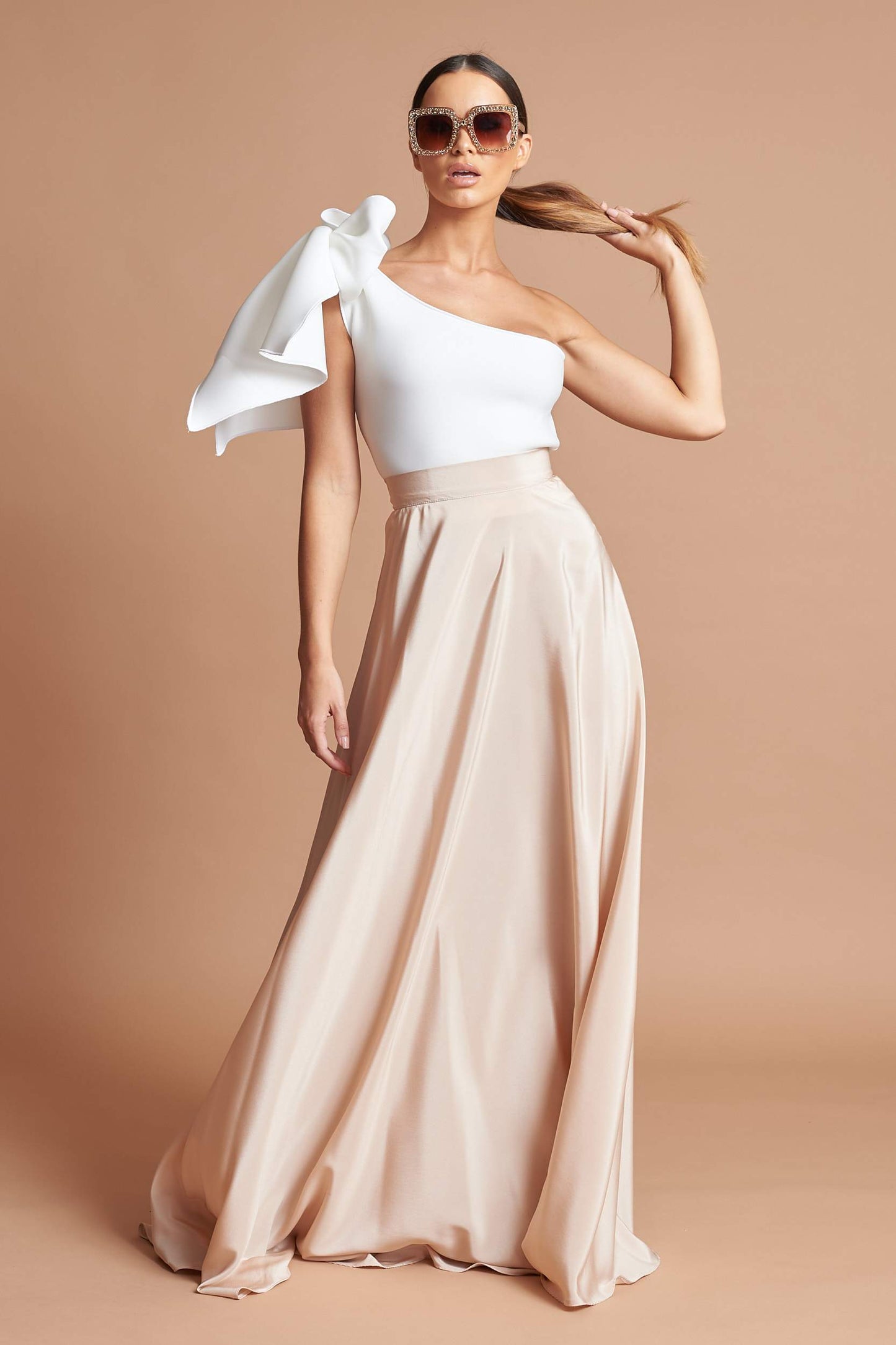 Beige One Shoulder Bow Top - Colour Pink - SALE