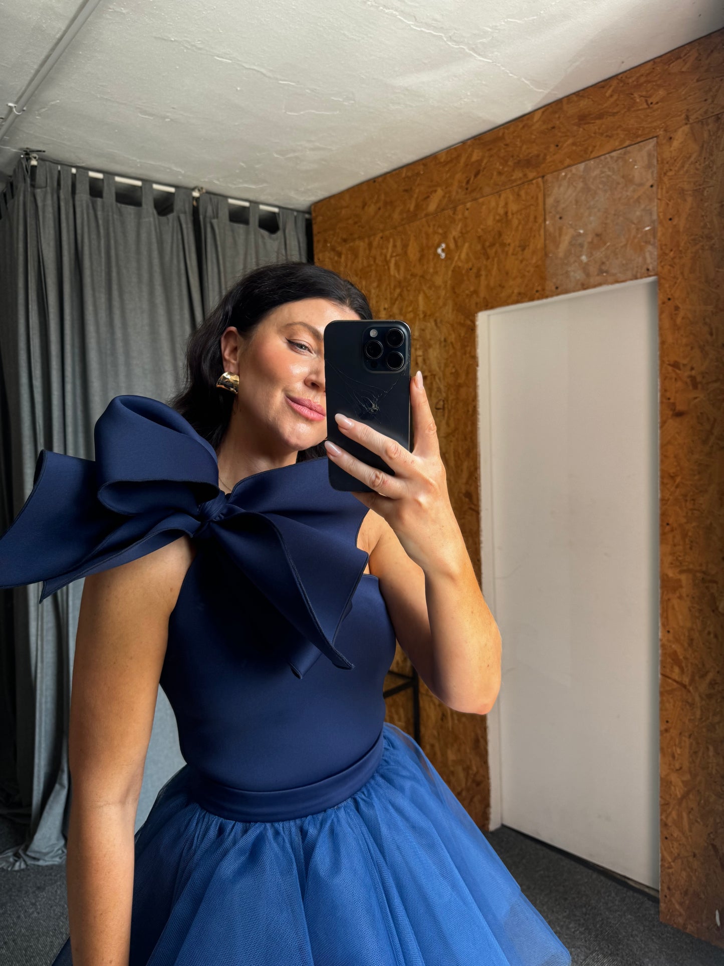 Navy One Shoulder Bow Top