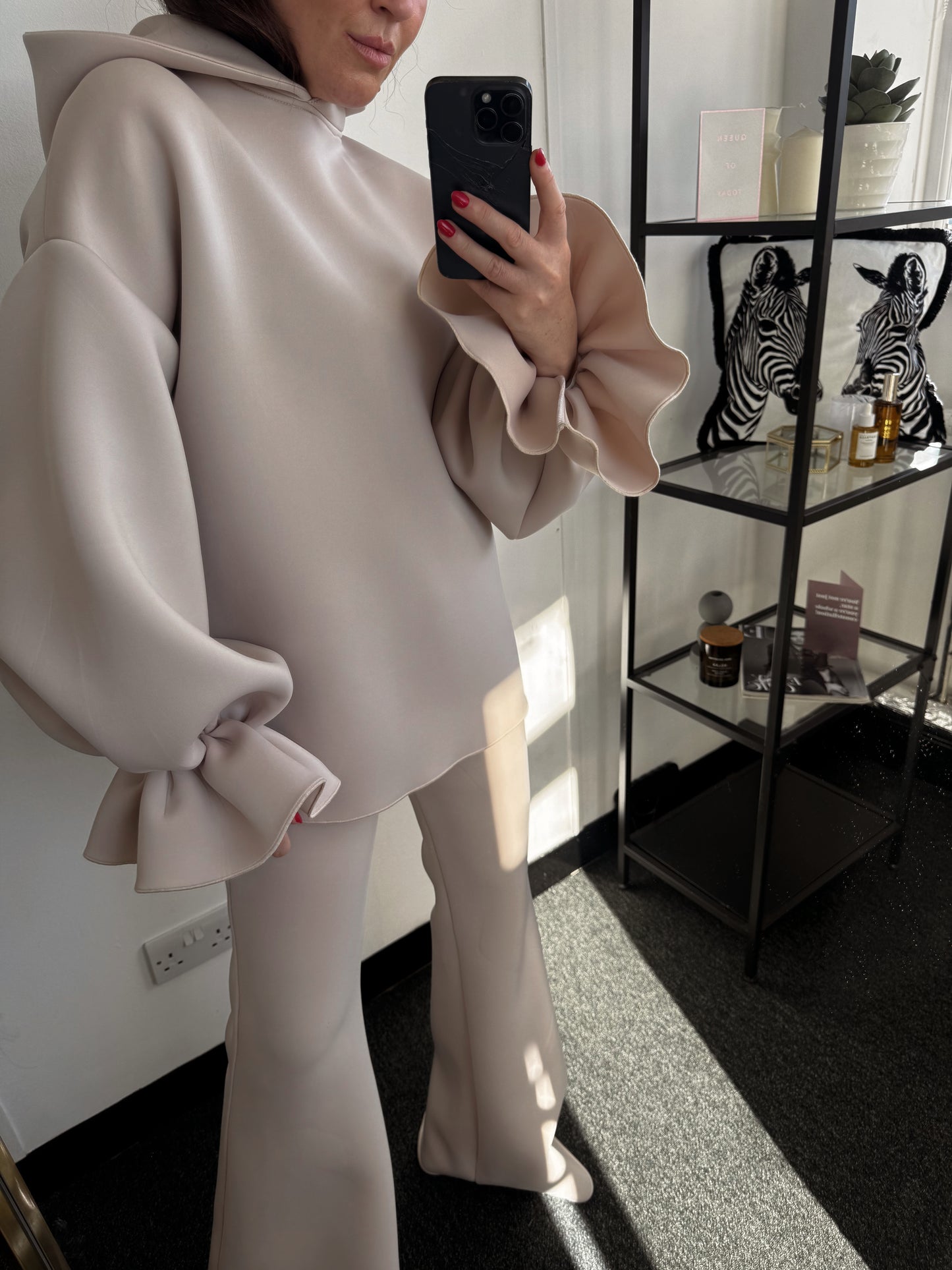 Beige Ruffle Sleeve Hoodie