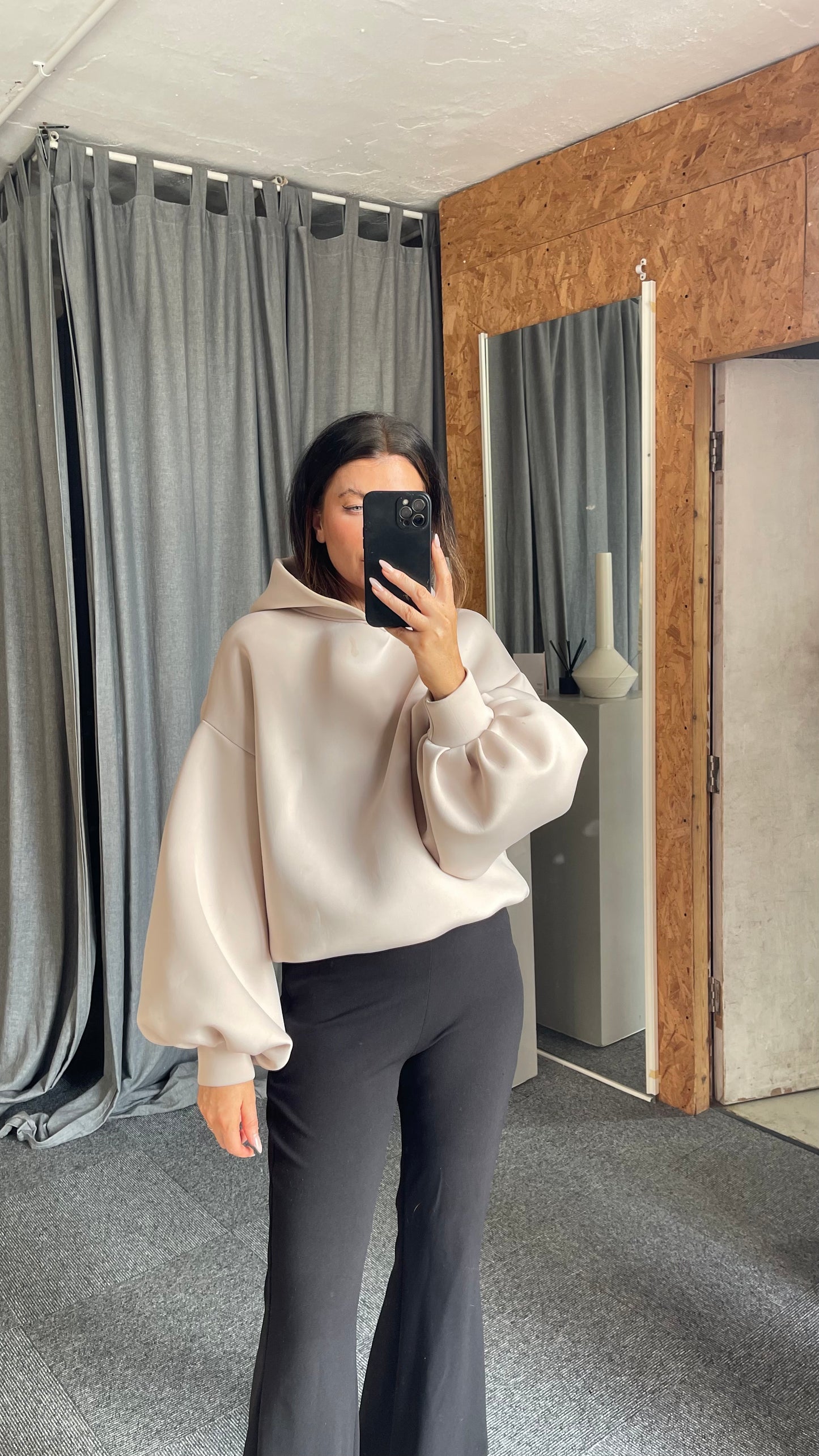 Beige Longer Length Balloon Sleeve Hoodie (elastic waist)