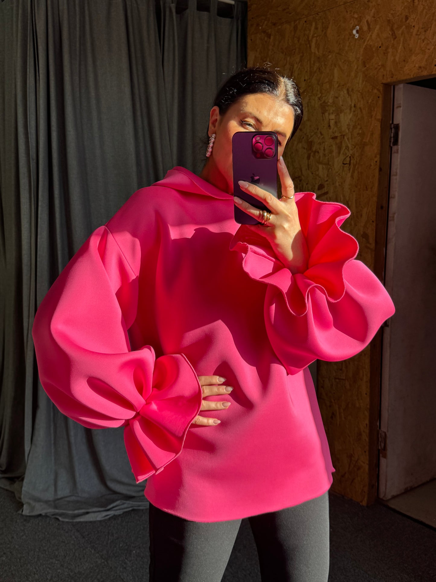 Hot Pink Ruffle Sleeve Hoodie