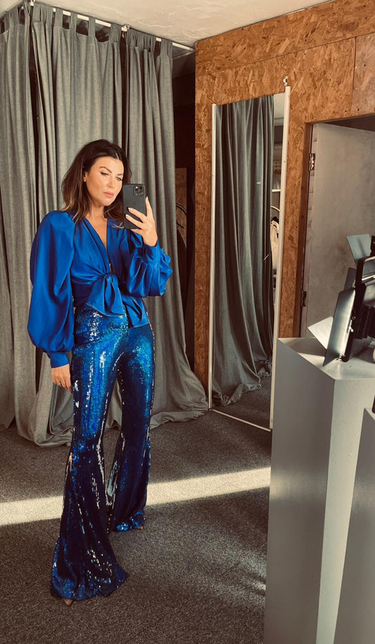 Royal Blue Stretch Sequin Mid Flares