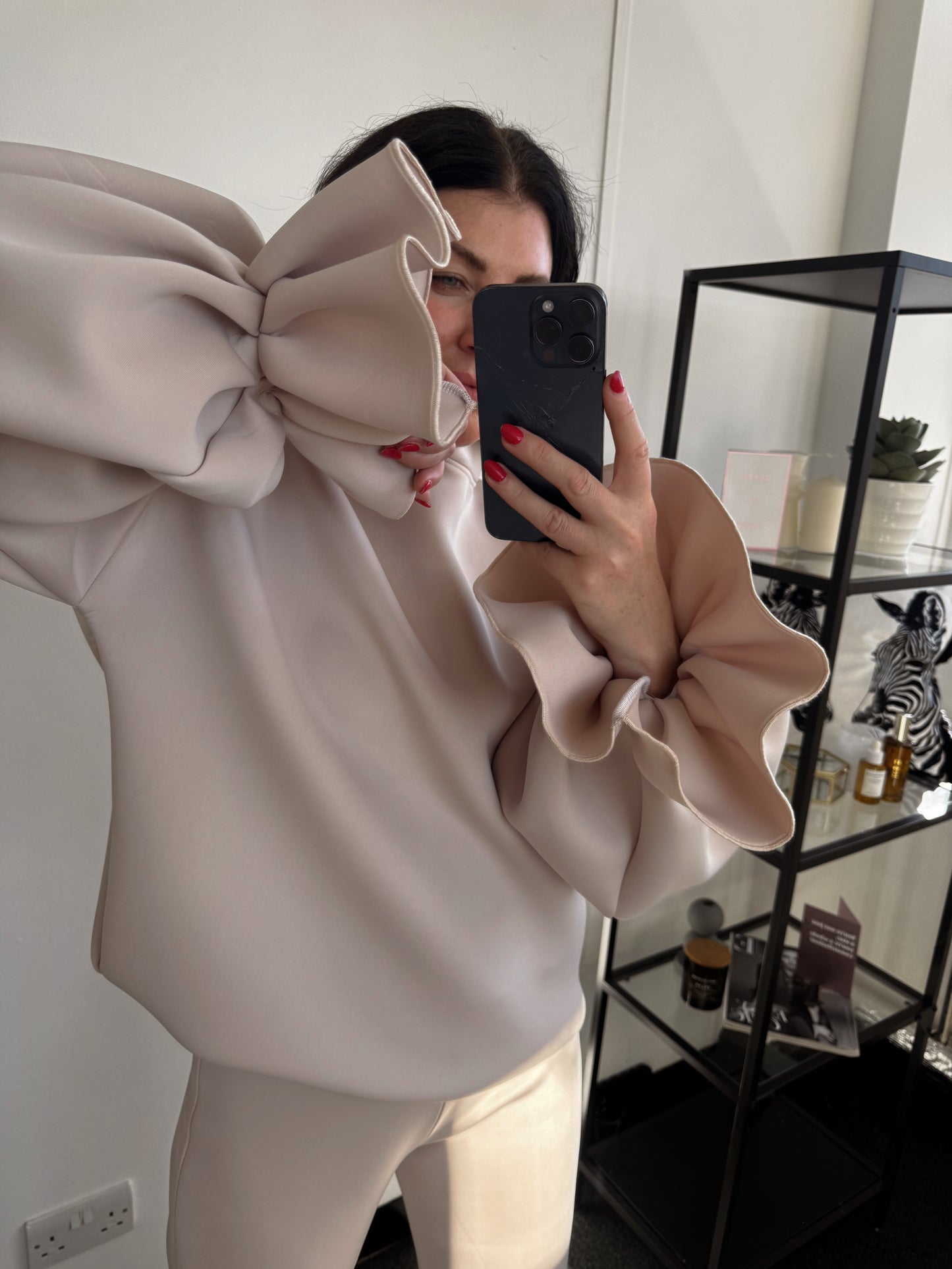 Beige Ruffle Sleeve Hoodie