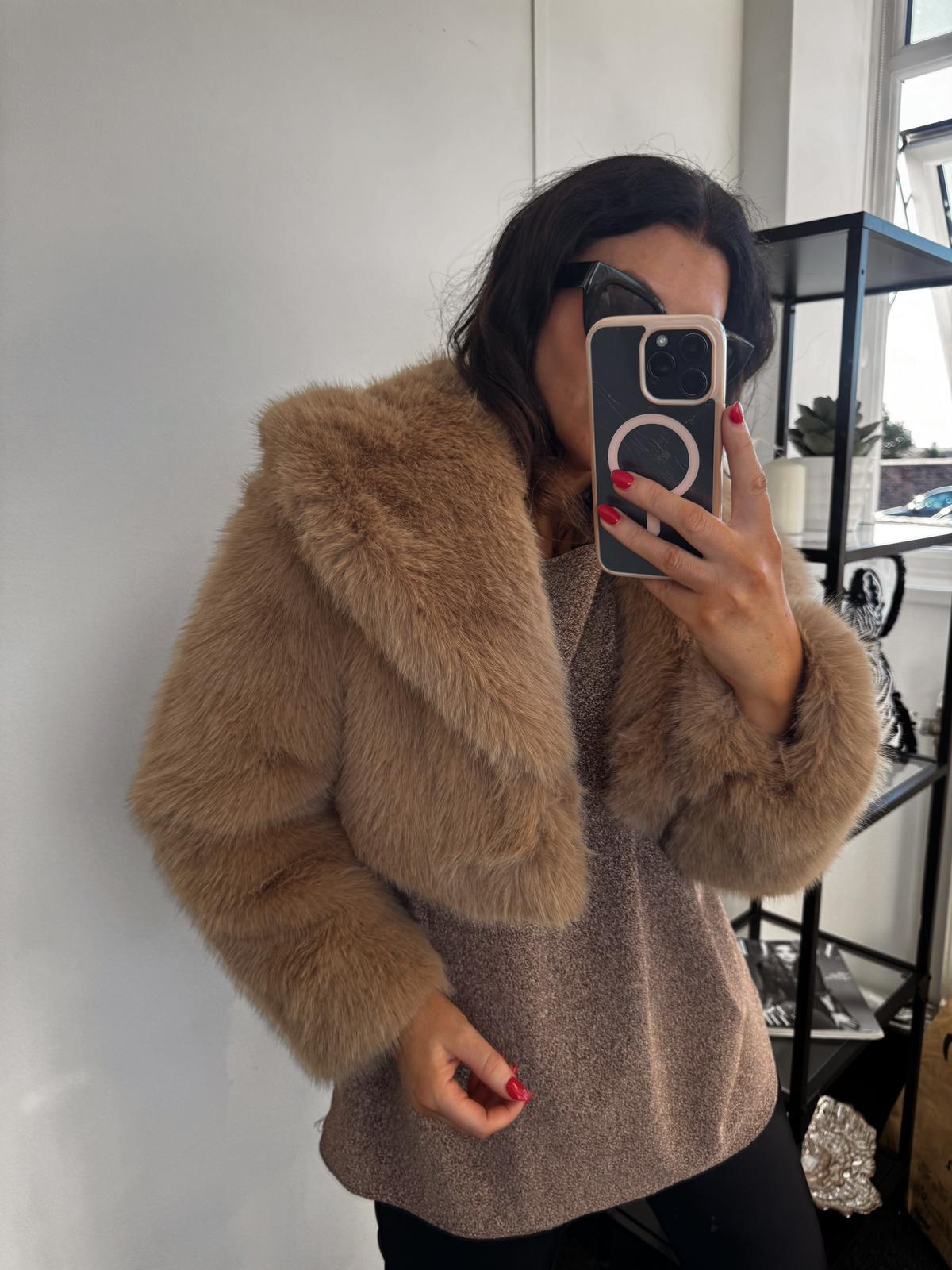 Brown Cropped Faux Fur Jacket