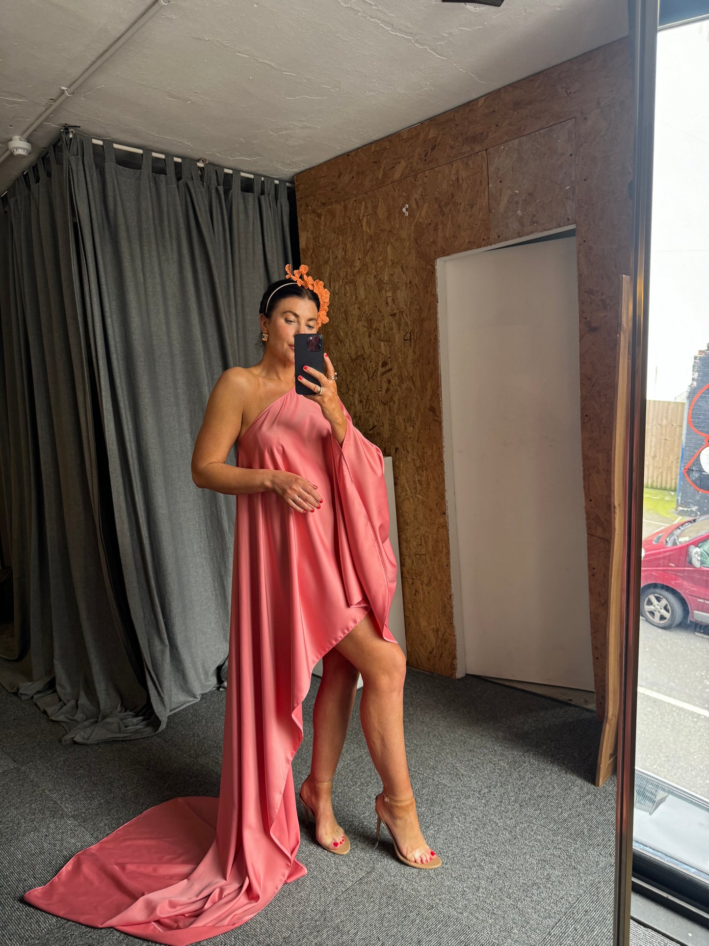 Coral Asymmetric Drape Dress