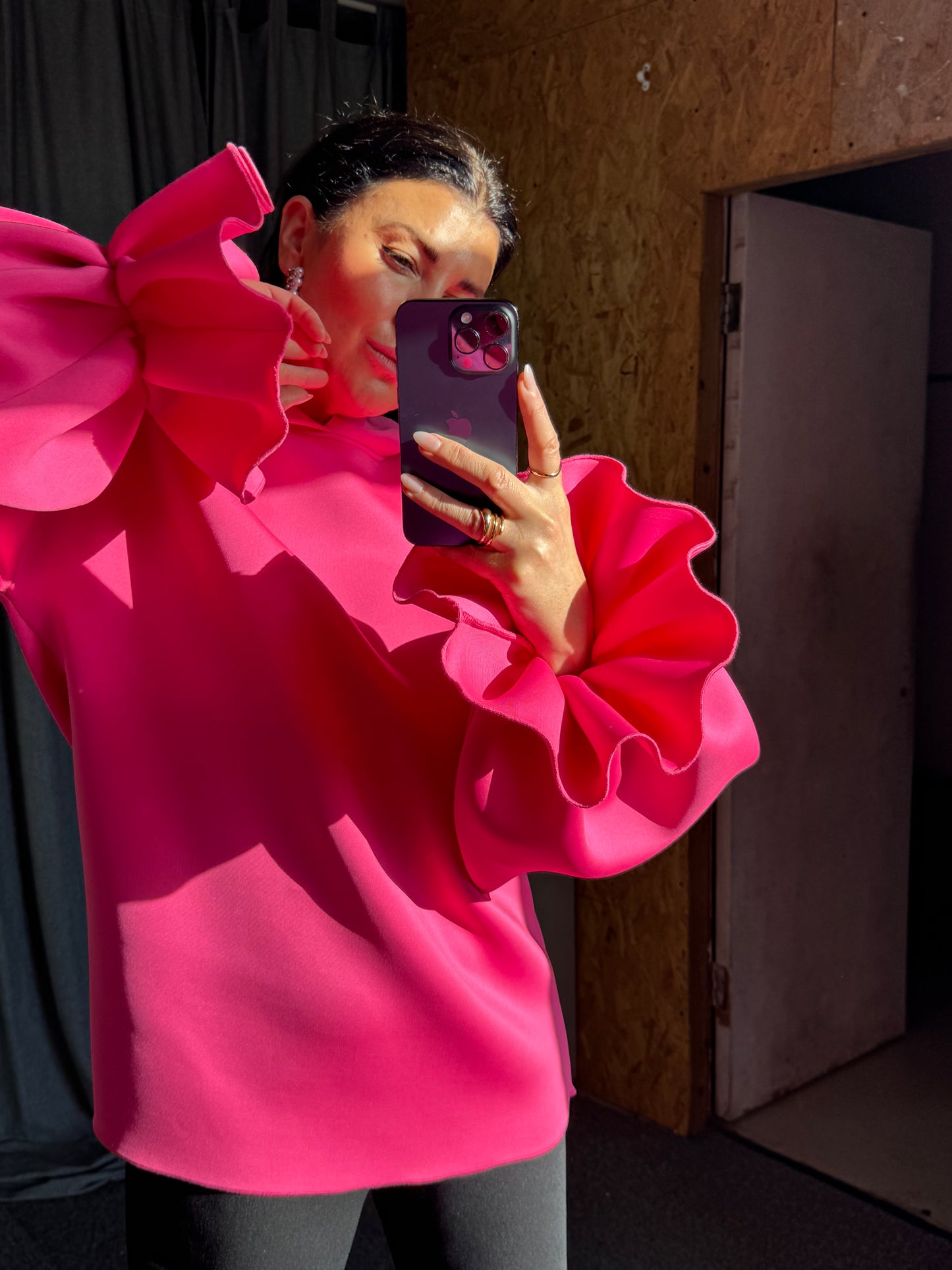 Hot Pink Ruffle Sleeve Hoodie