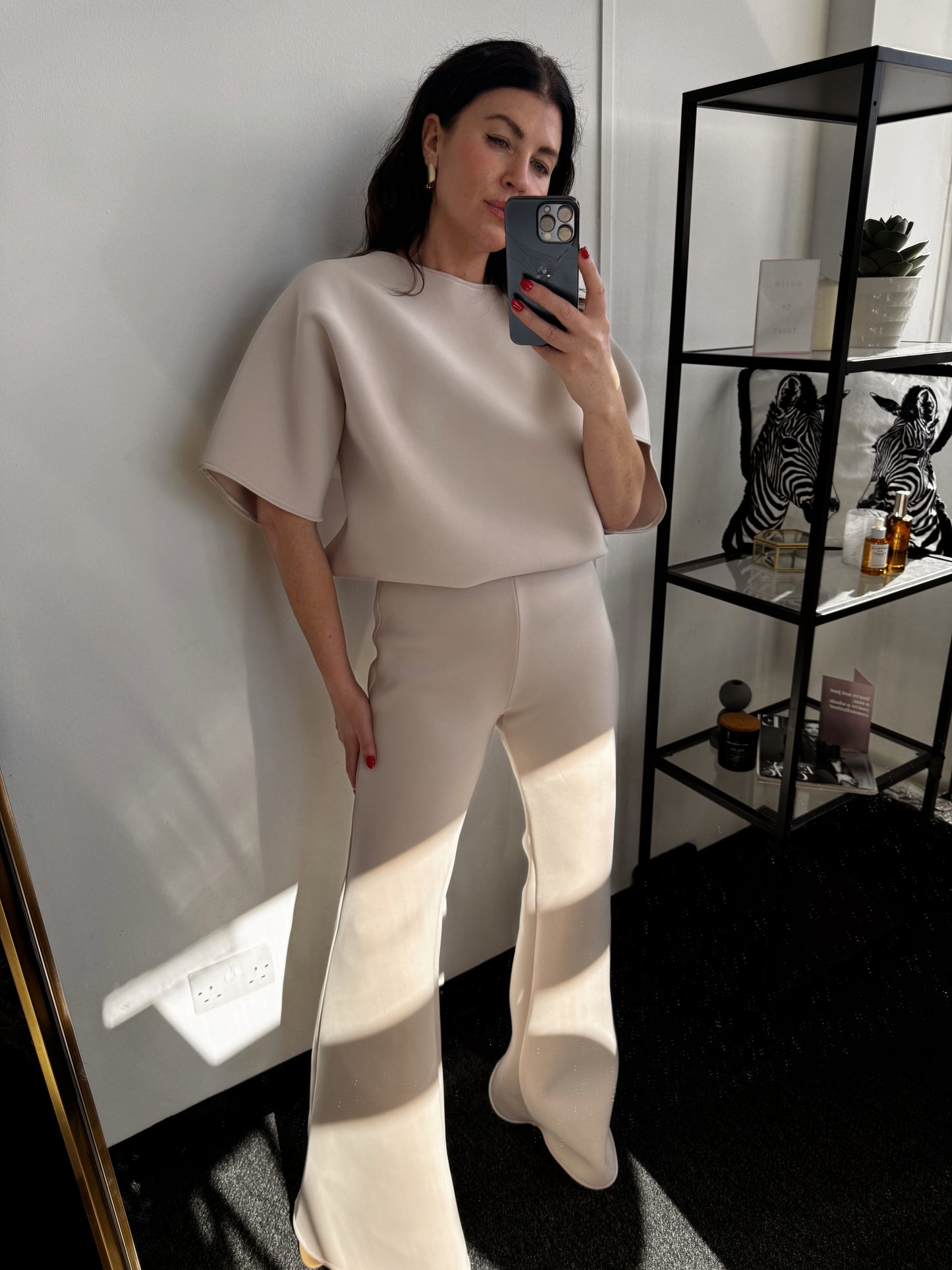 Beige Neoprene Maternity Mid Flares