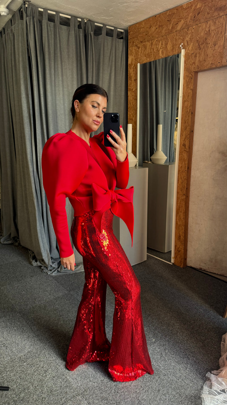 Red Sequin Stretch Mid Flares