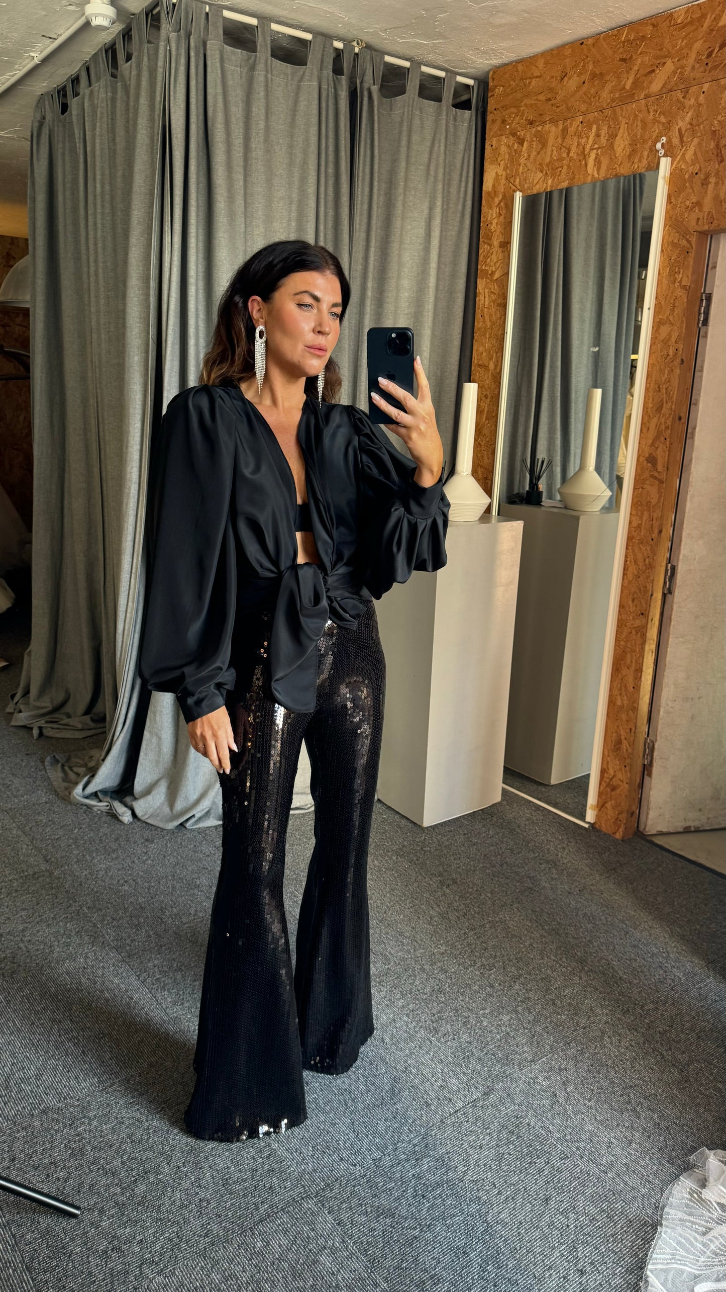 Black Sequin Stretch Mid Flares