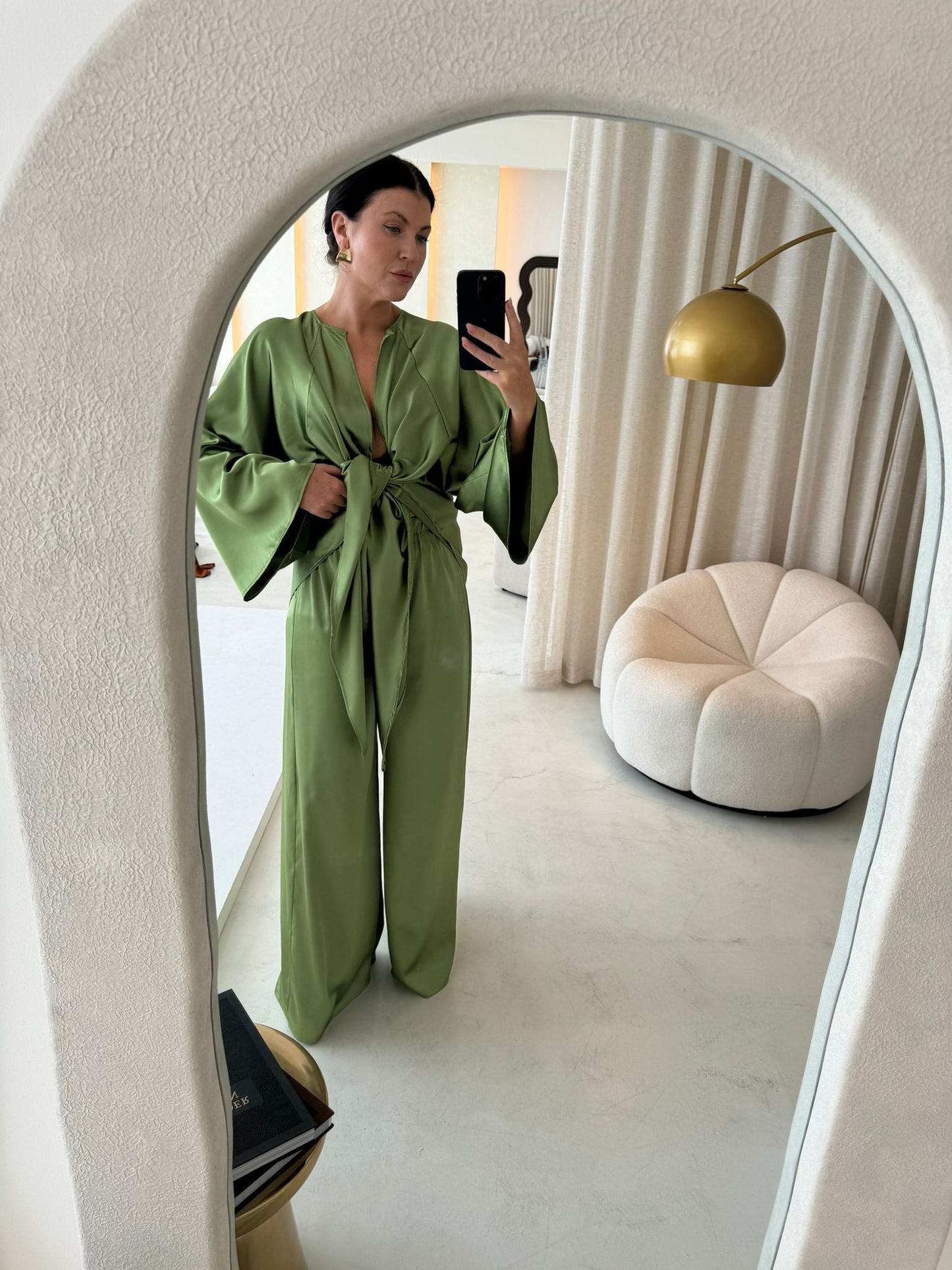 Olive Green Sheen Kimono Co-Ord