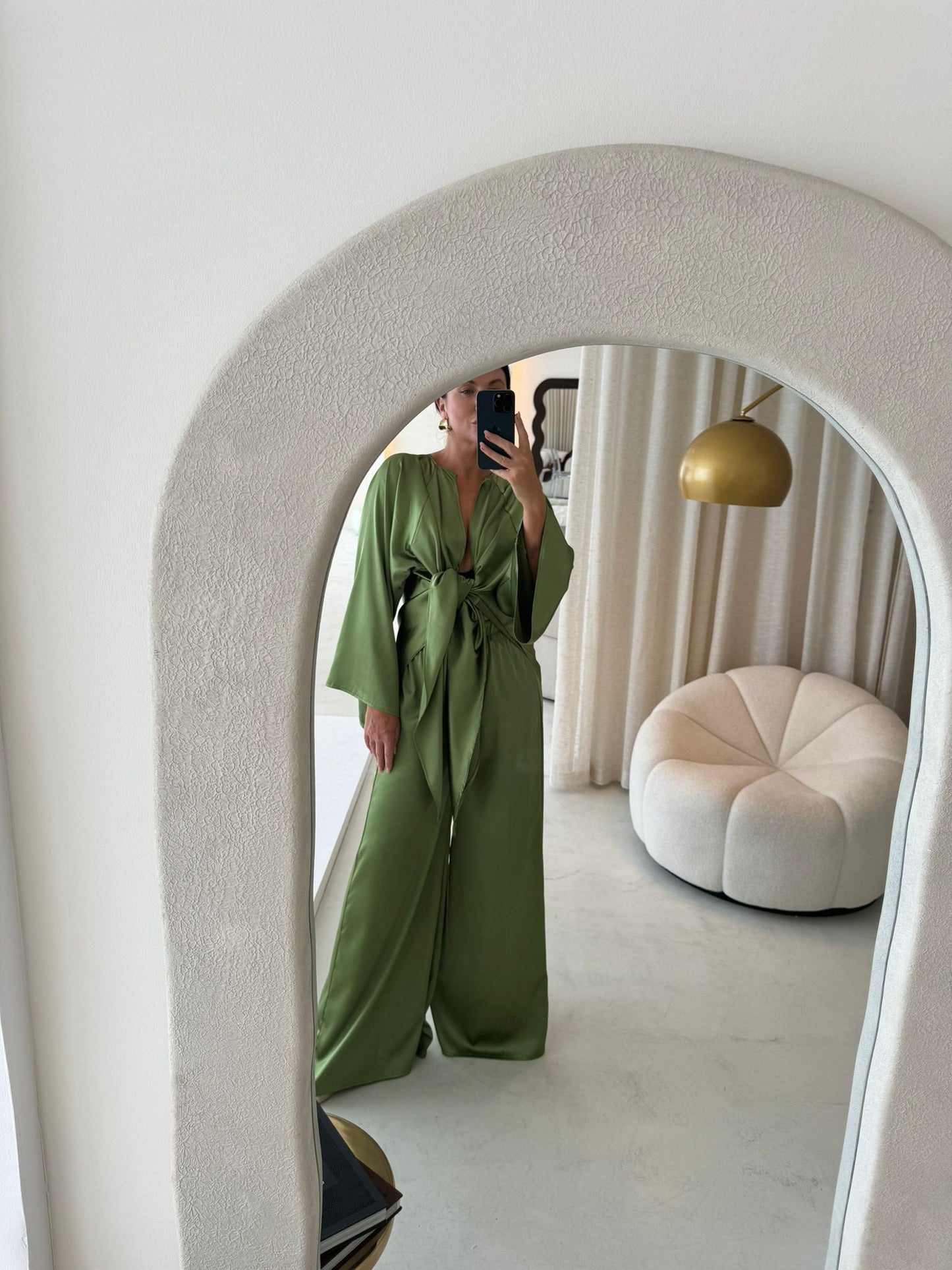 Olive Green Sheen Wide Leg Pants