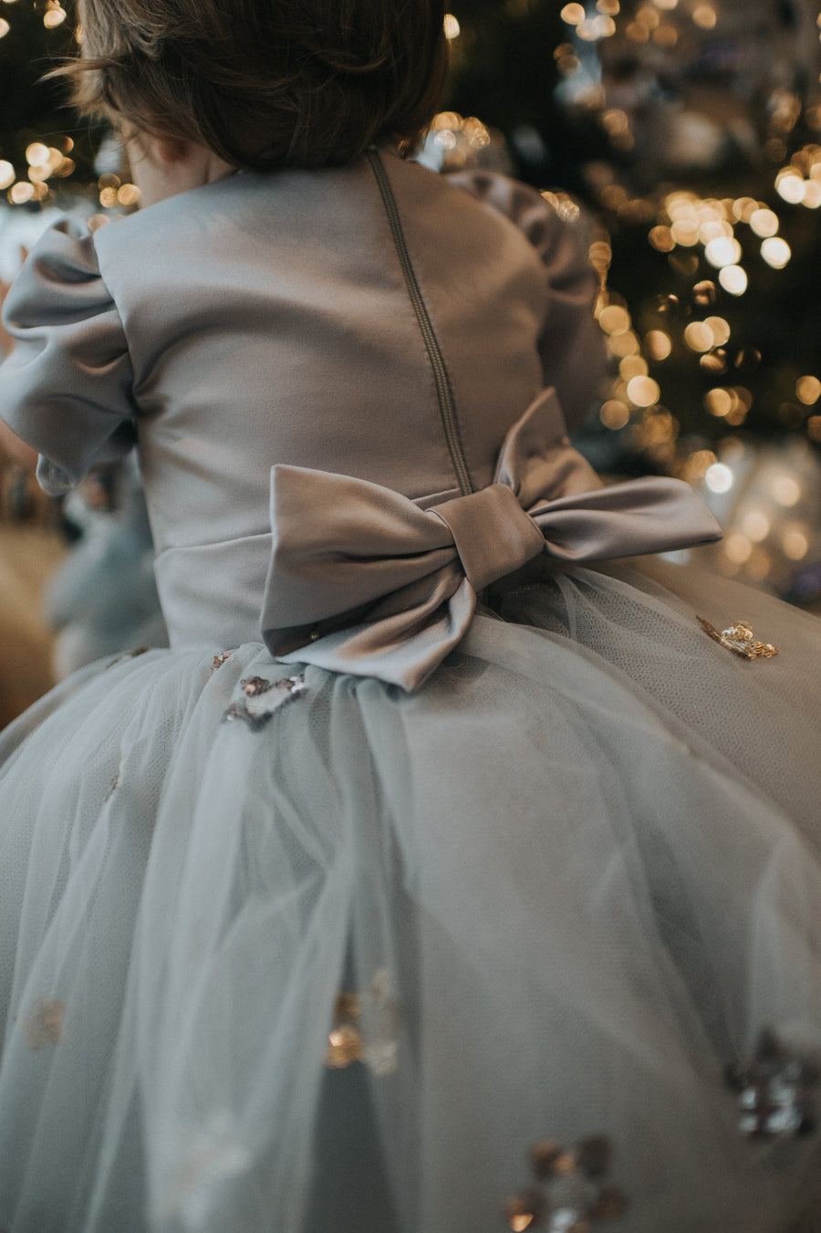 Silver Duchess Satin Sequin Star Tulle Dress - SALE