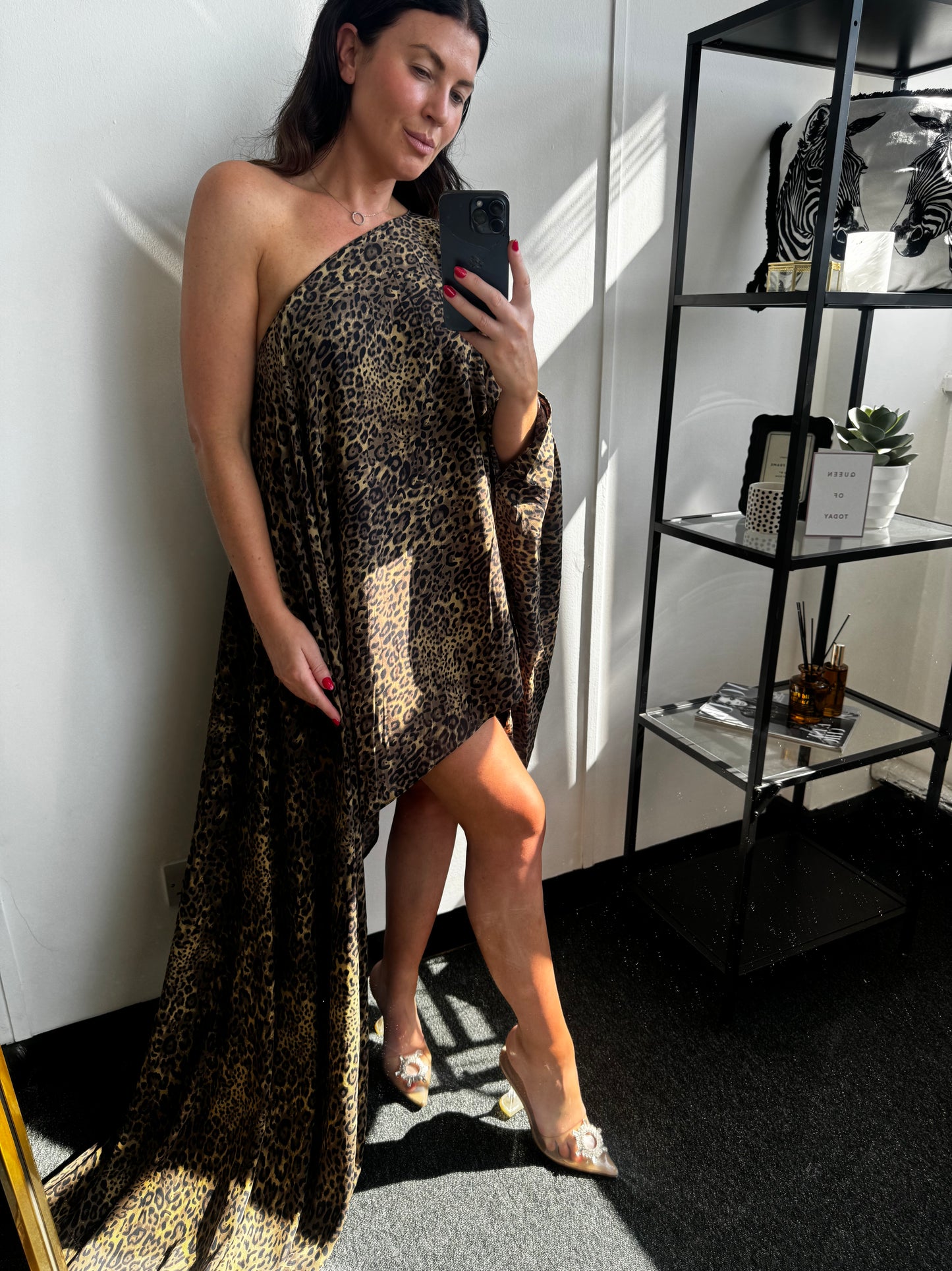 Brown Leopard Print Asymmetric Drape Dress