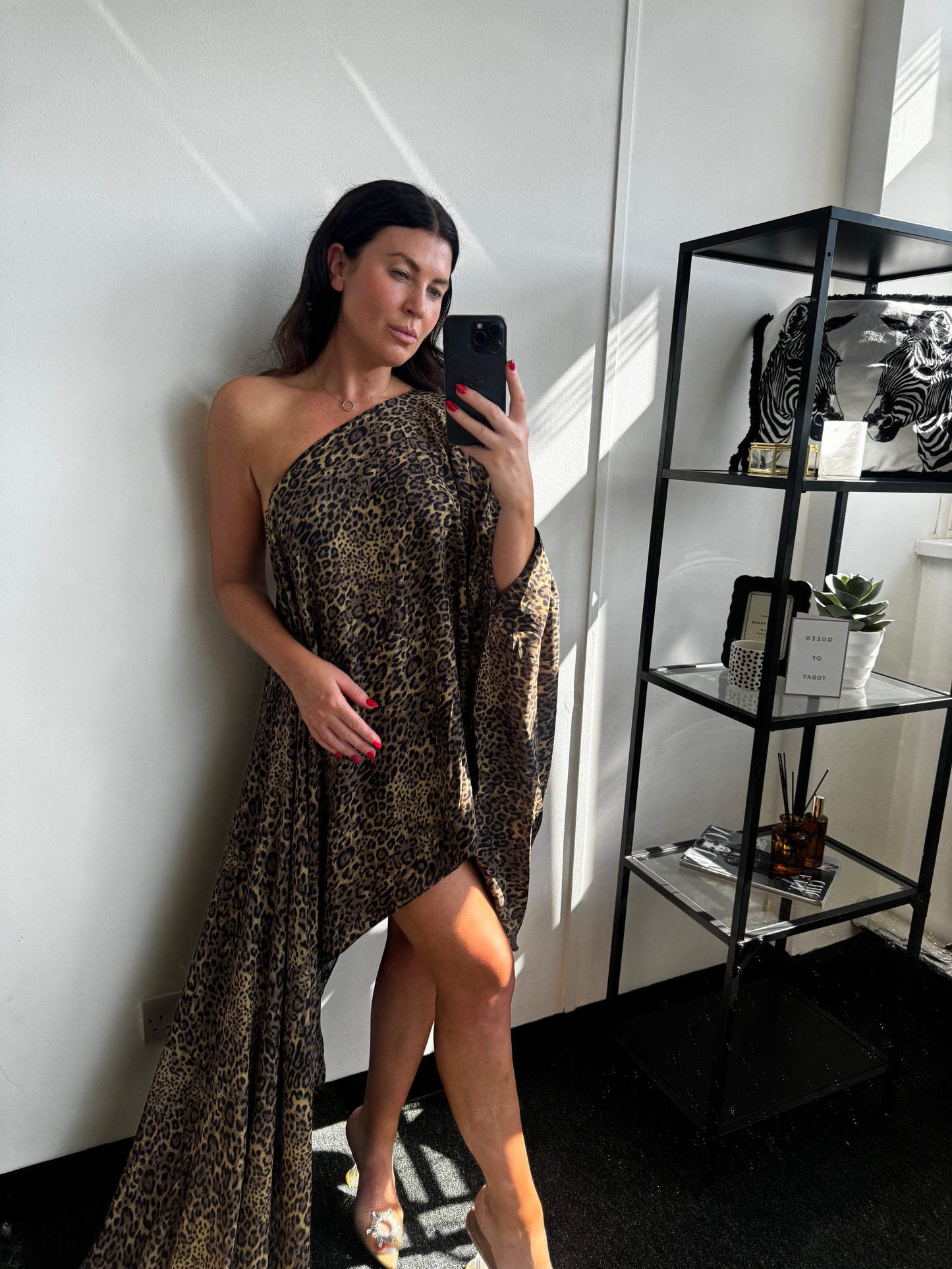 Brown Leopard Print Asymmetric Drape Dress