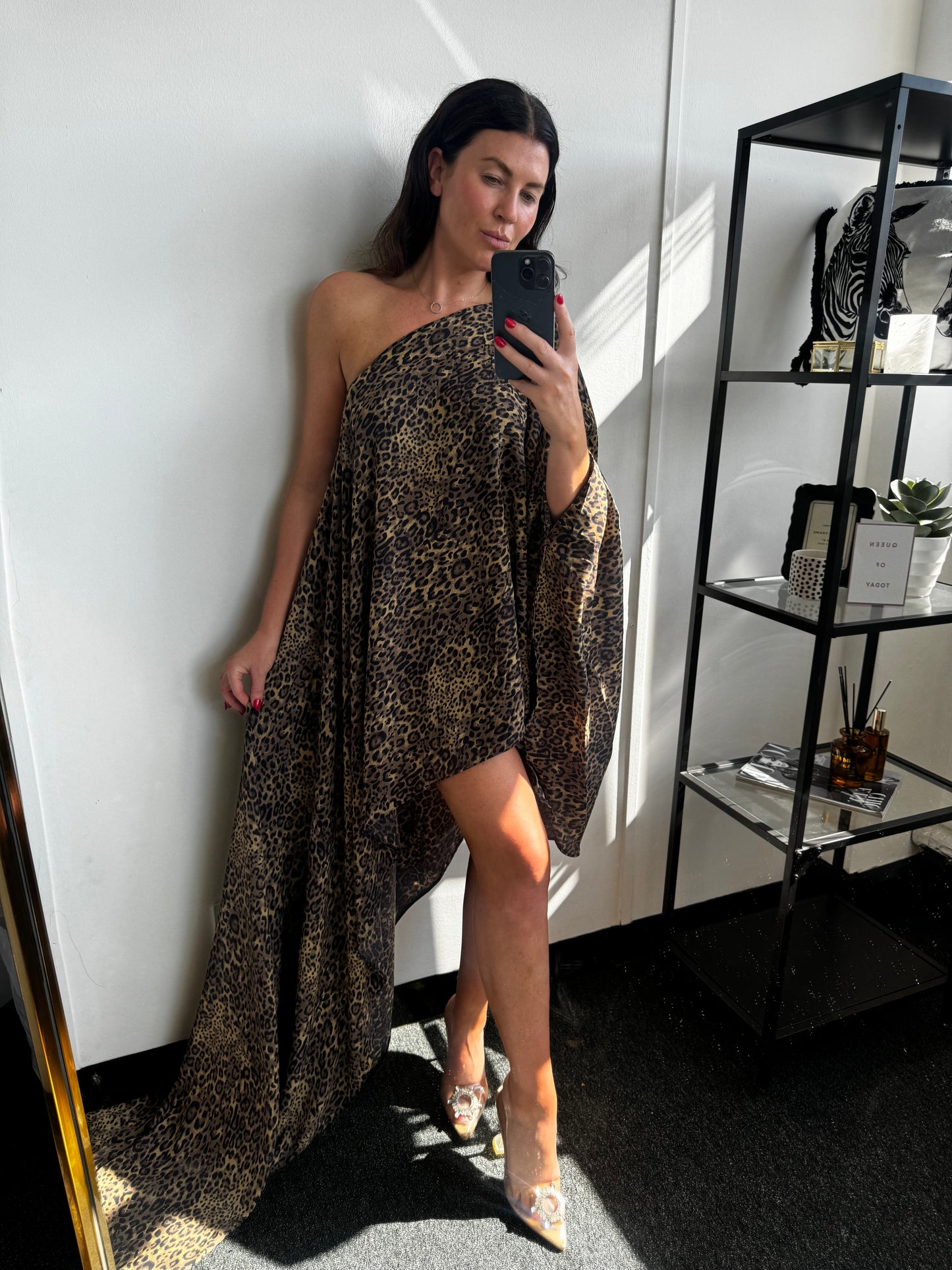 Brown Leopard Print Asymmetric Drape Dress