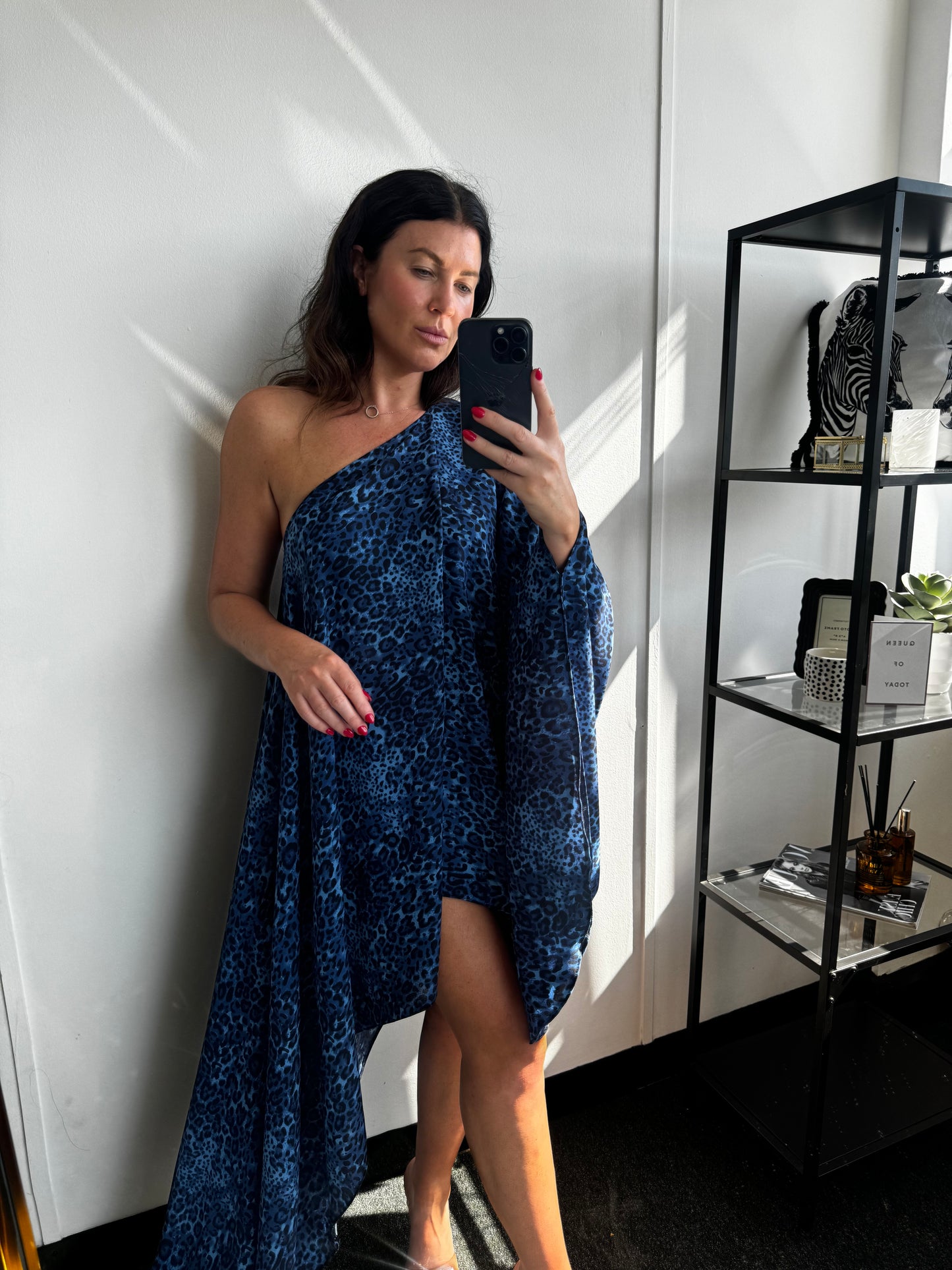 Blue Leopard Print Asymmetric Drape Dress - SALE