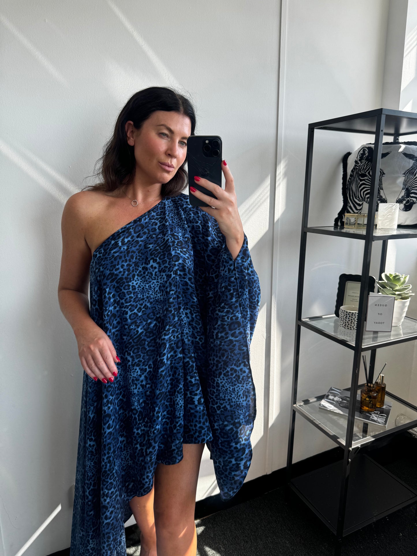 Blue Leopard Print Asymmetric Drape Dress - SALE