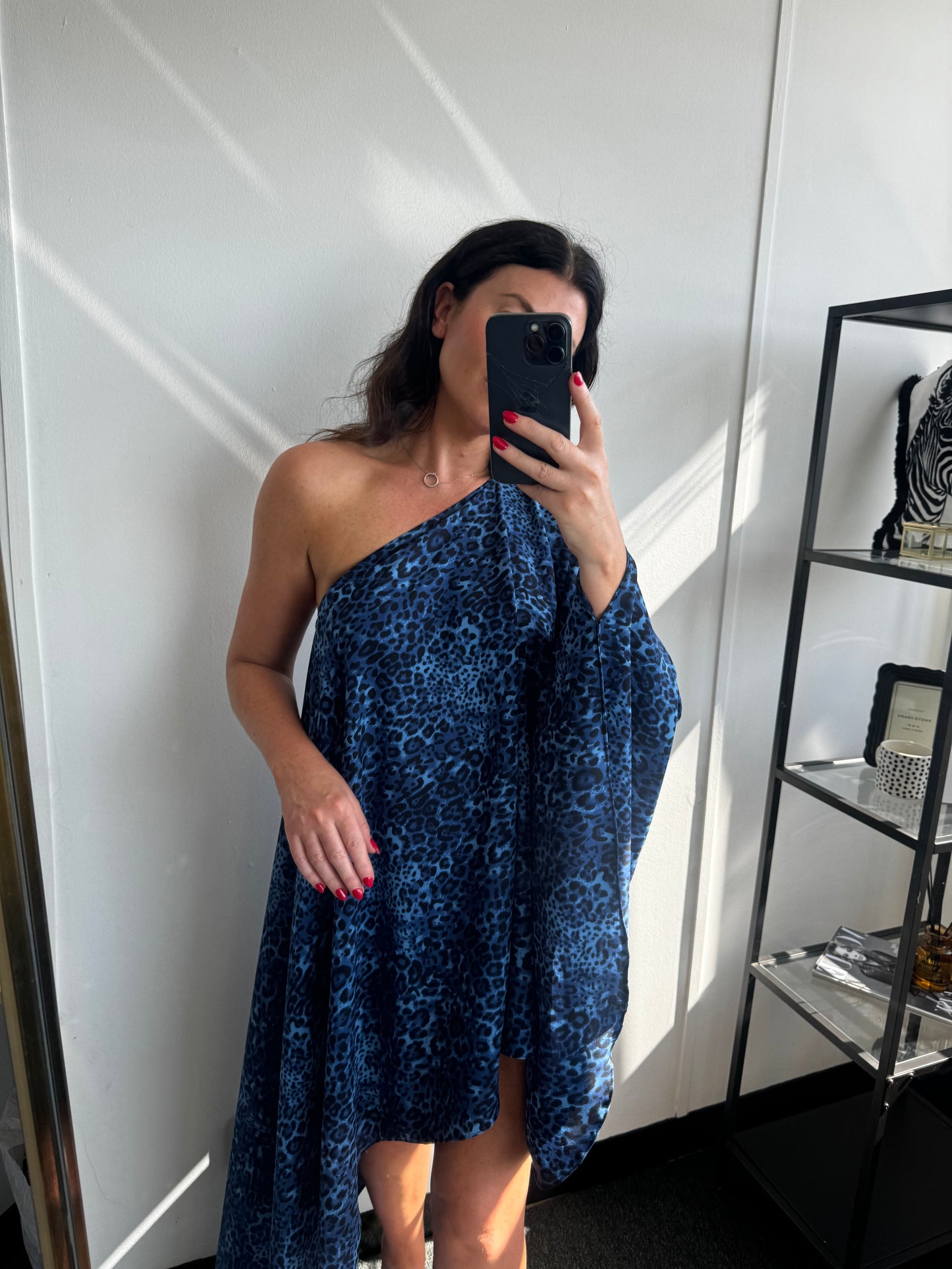 Blue Leopard Print Asymmetric Drape Dress - SALE