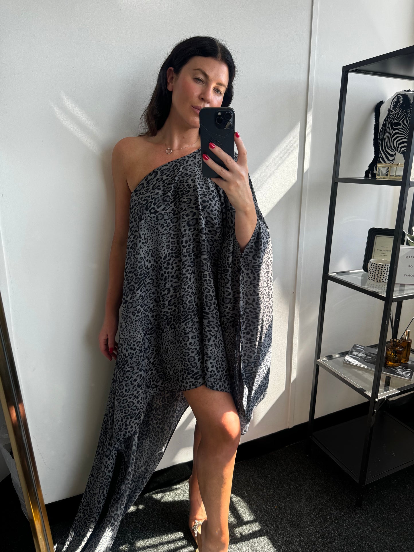 Grey Leopard Print Asymmetric Drape Dress