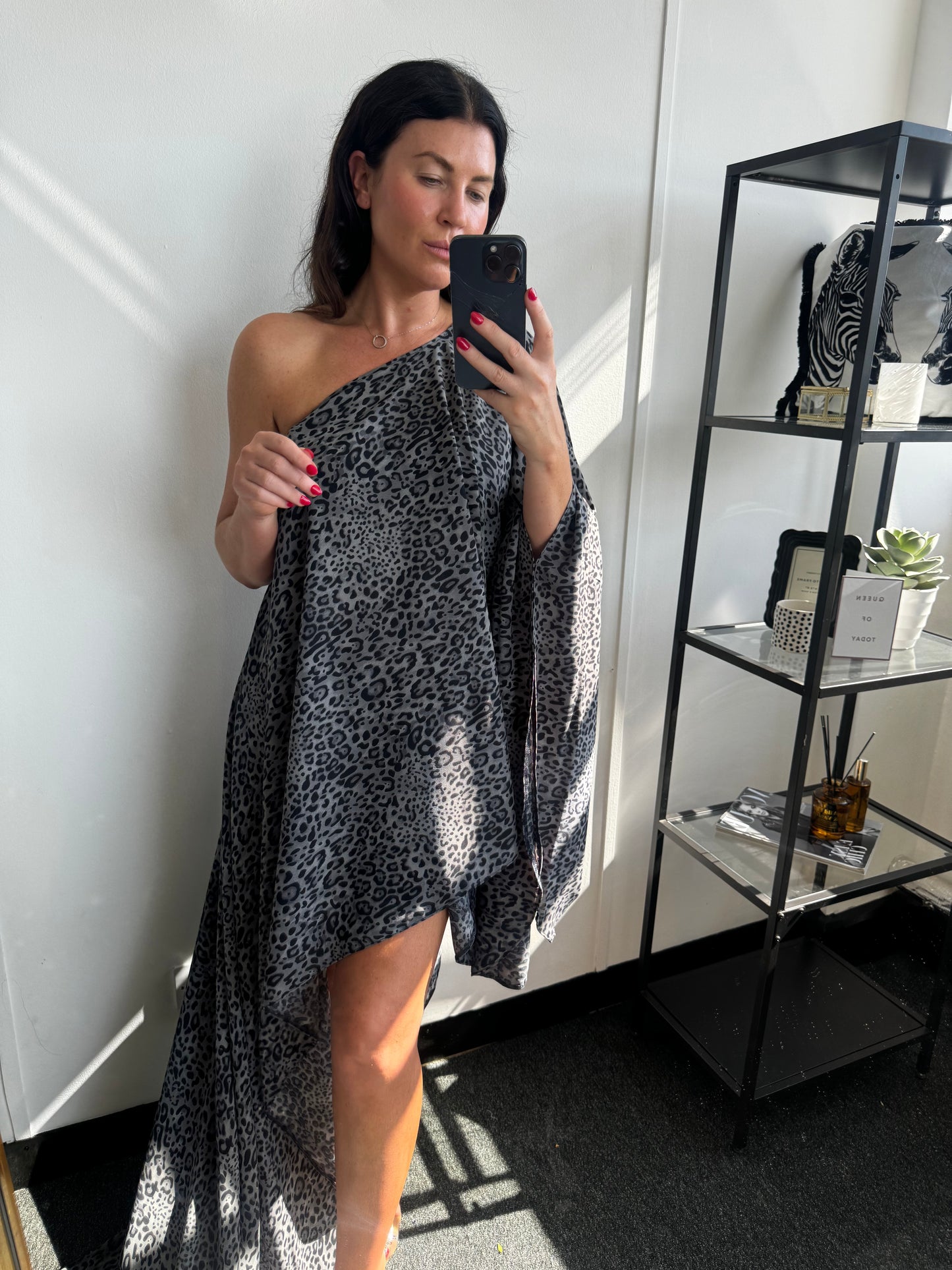 Grey Leopard Print Asymmetric Drape Dress