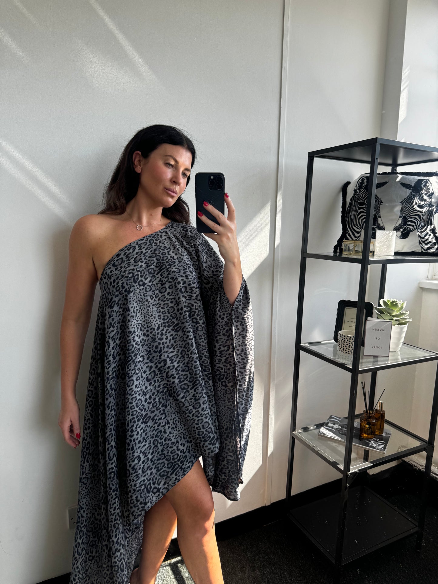 Grey Leopard Print Asymmetric Drape Dress