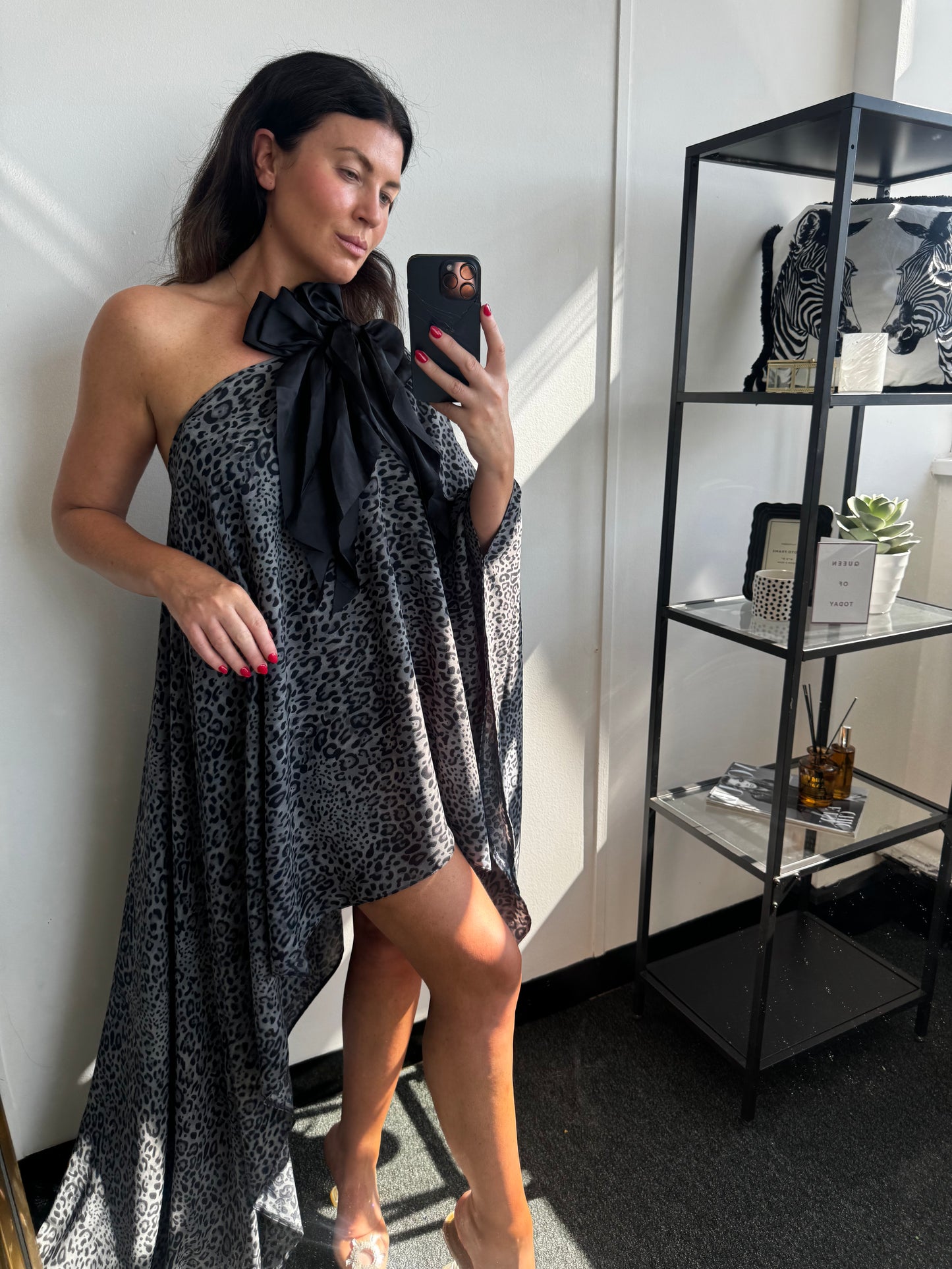 Grey Leopard Print Double Bow Drape Dress