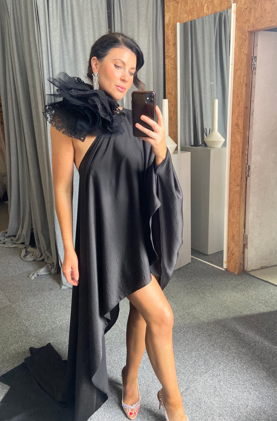 Black Asymmetric Drape Dress