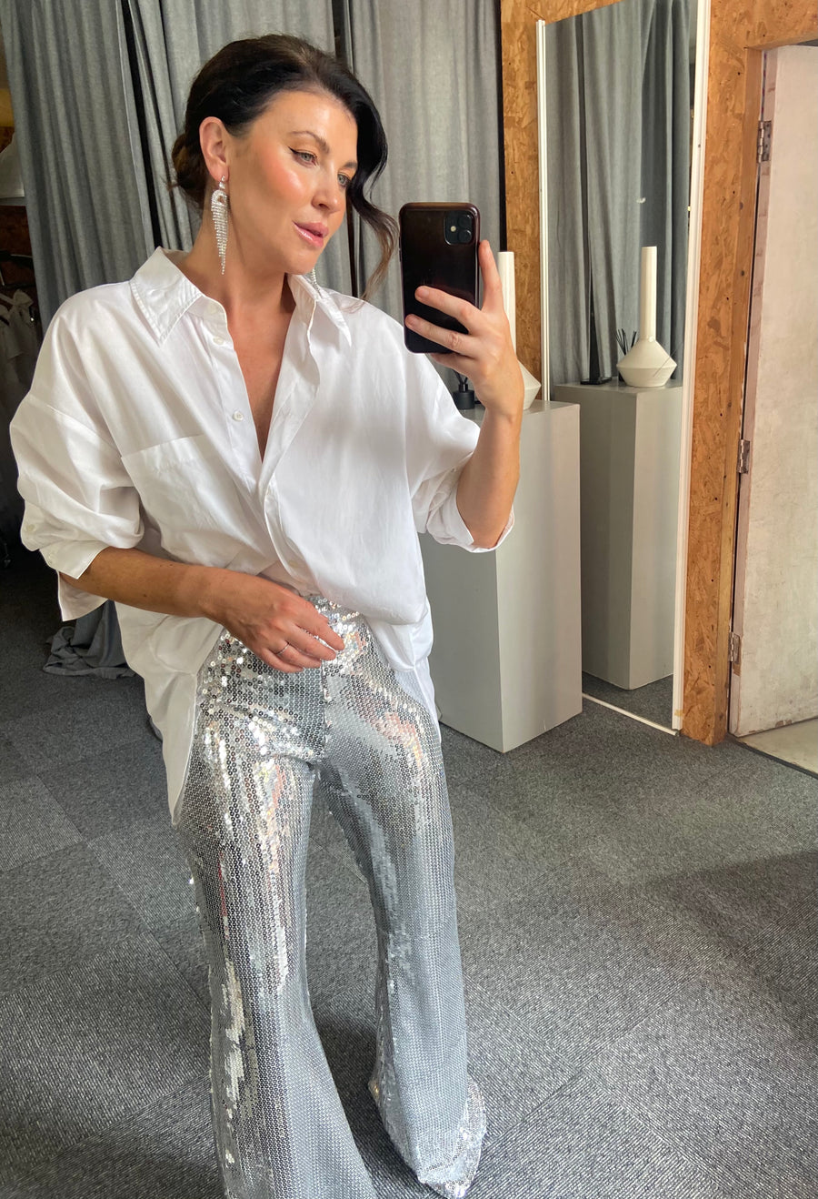 Silver Sequin Stretch Flares