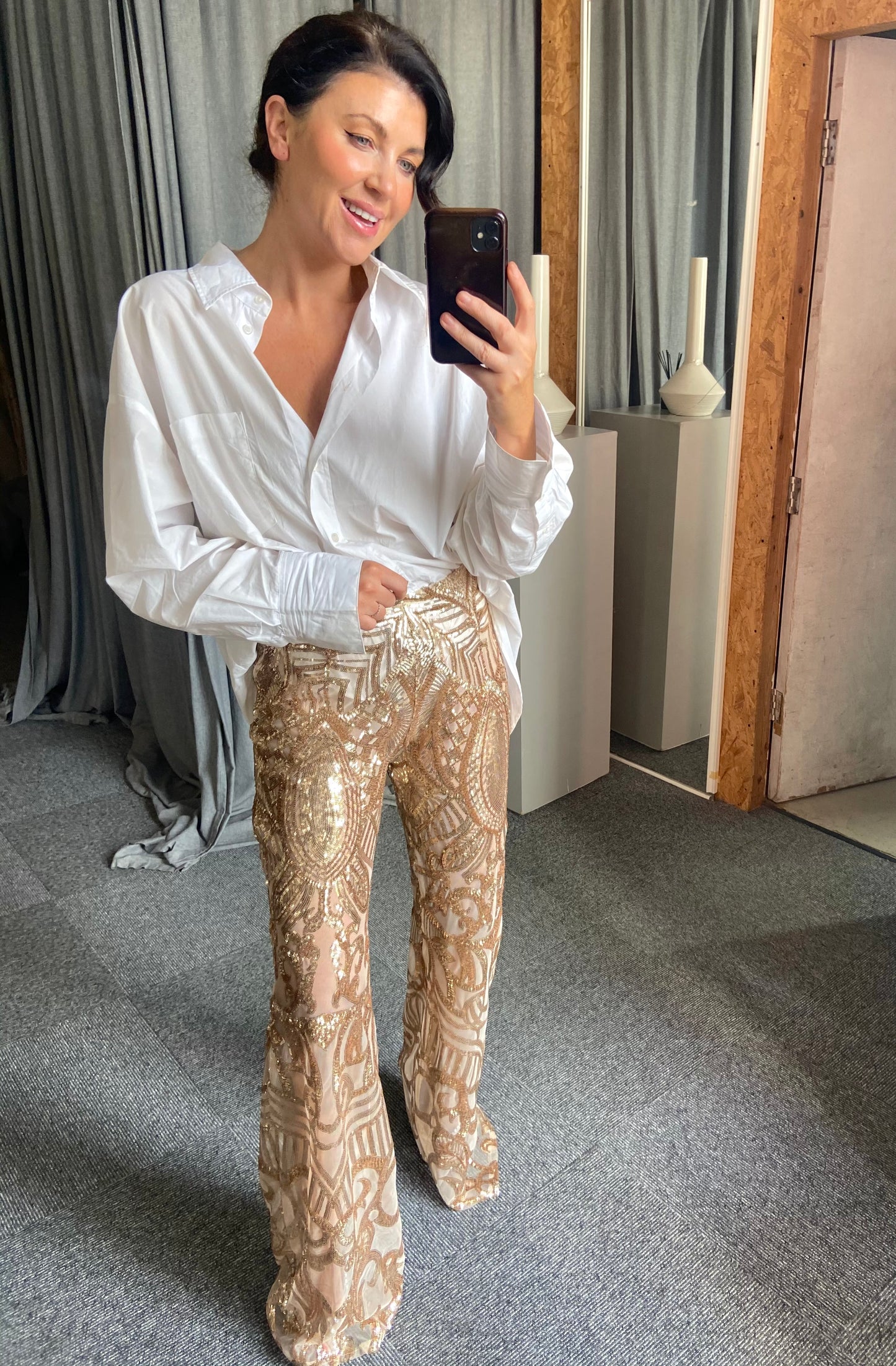 Rose Gold Chrome Sequin Stretch Flares