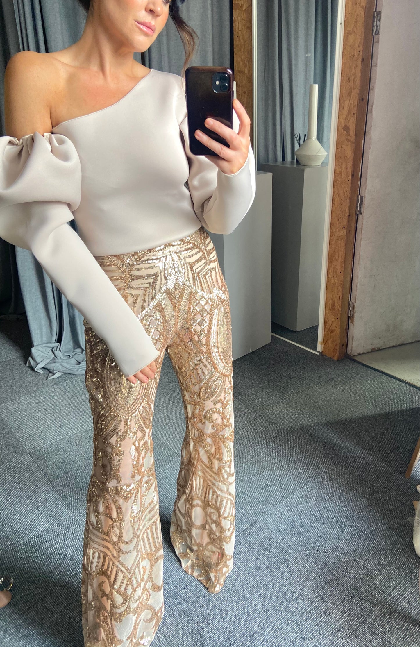 Rose Gold Chrome Sequin Stretch Flares