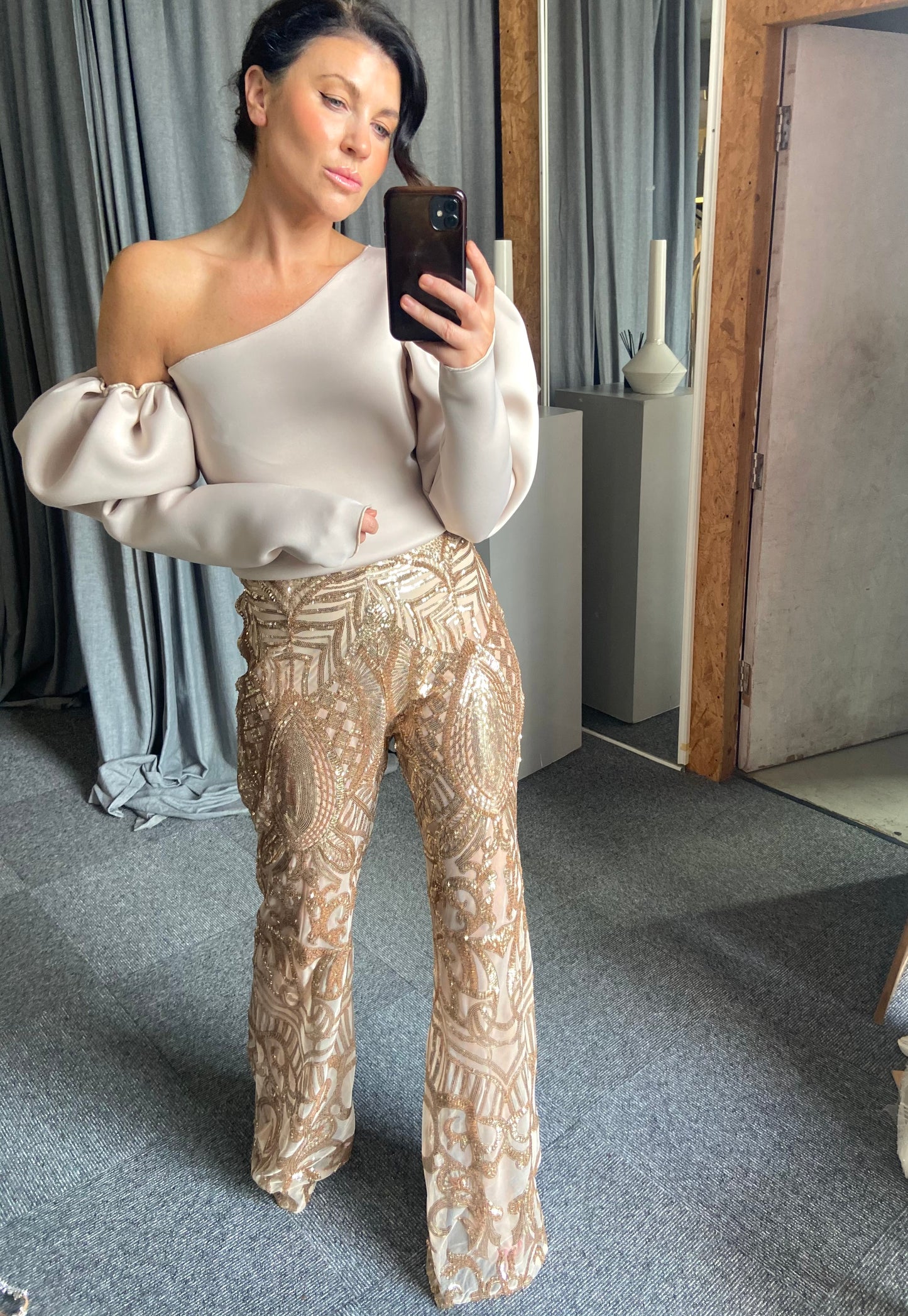 Rose Gold Chrome Sequin Stretch Flares