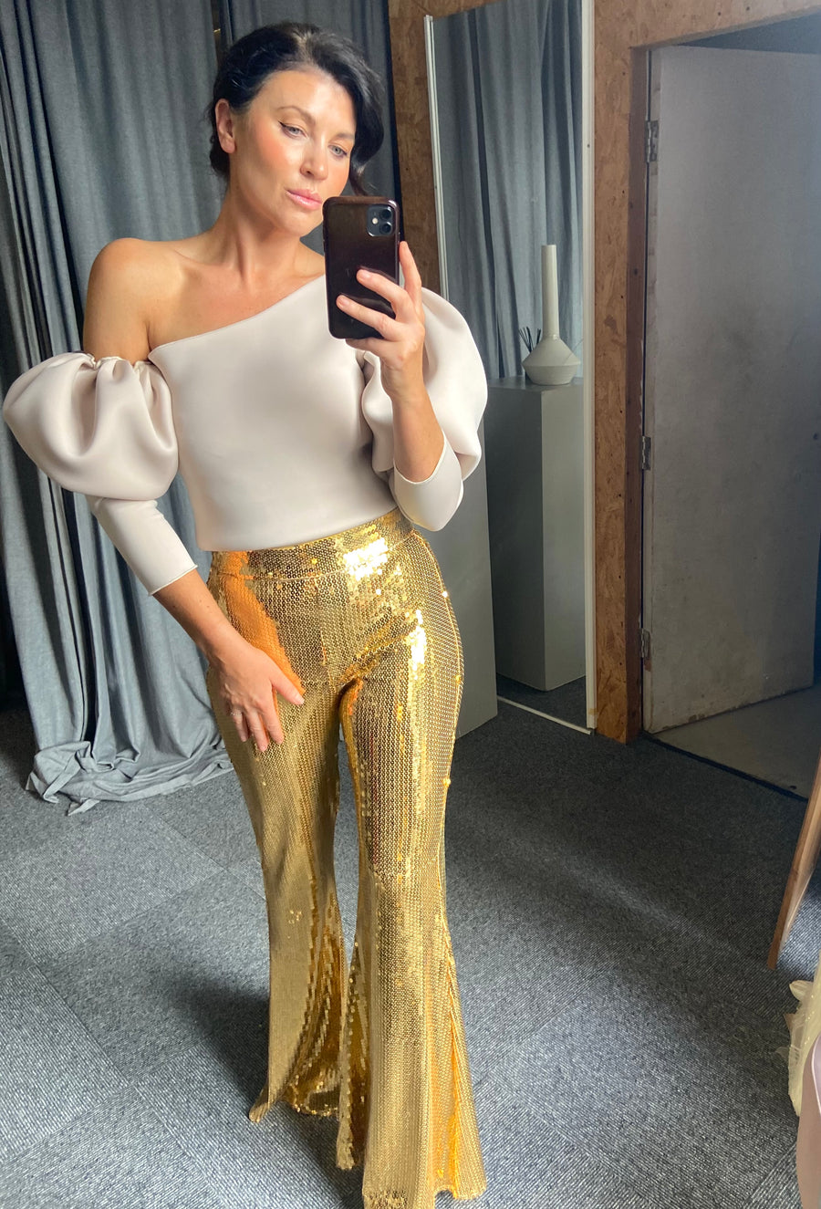 Gold Sequin Stretch Flares