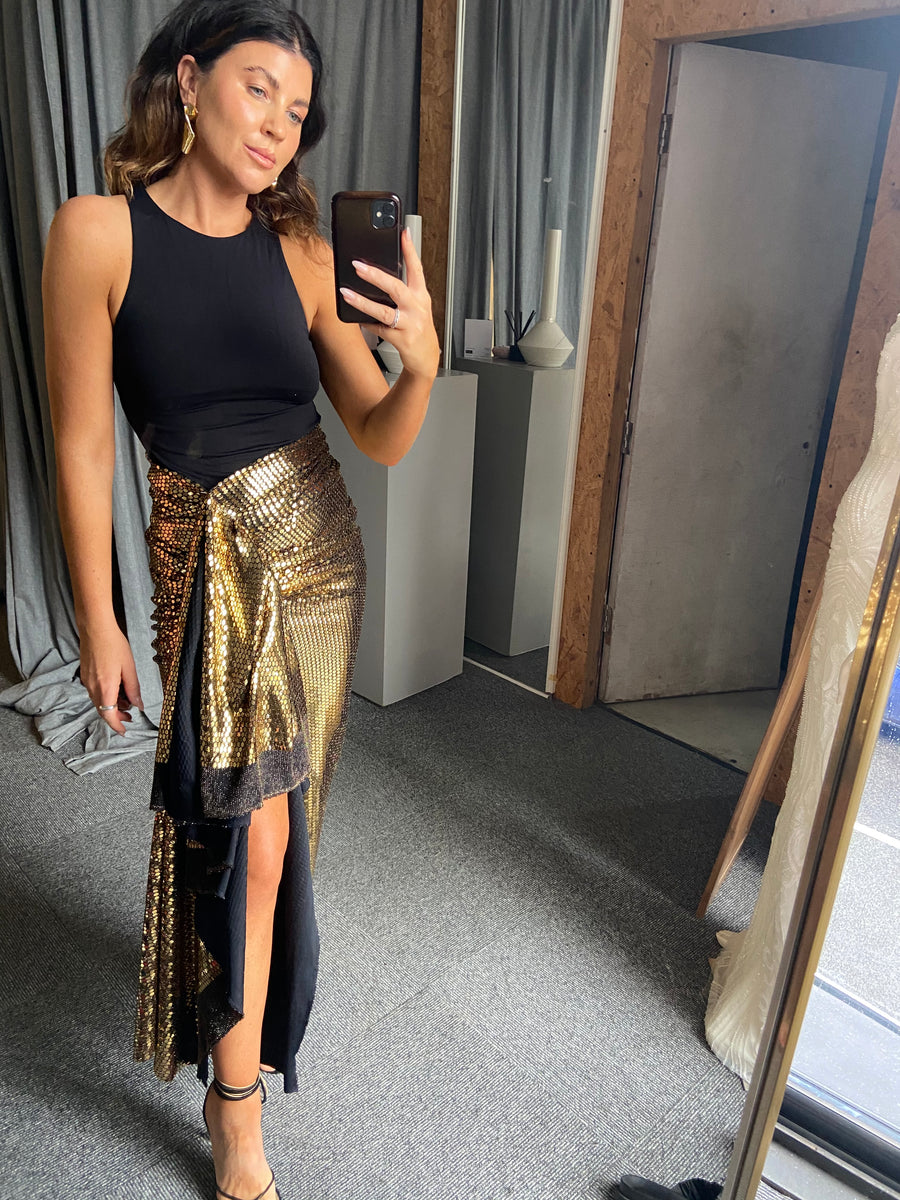 Gold Sequin Drape Wrap Skirt