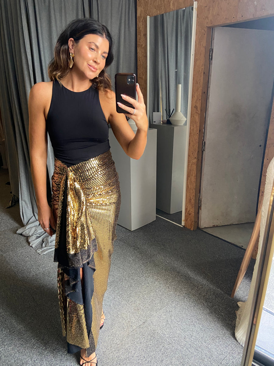 Gold Sequin Drape Wrap Skirt