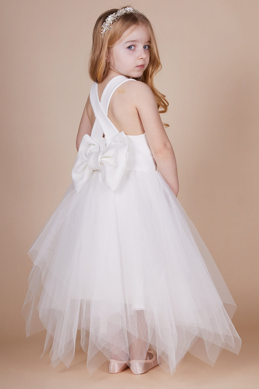 Kadie Ivory Bow Choppy Tulle Mini Maid Dress - SALE
