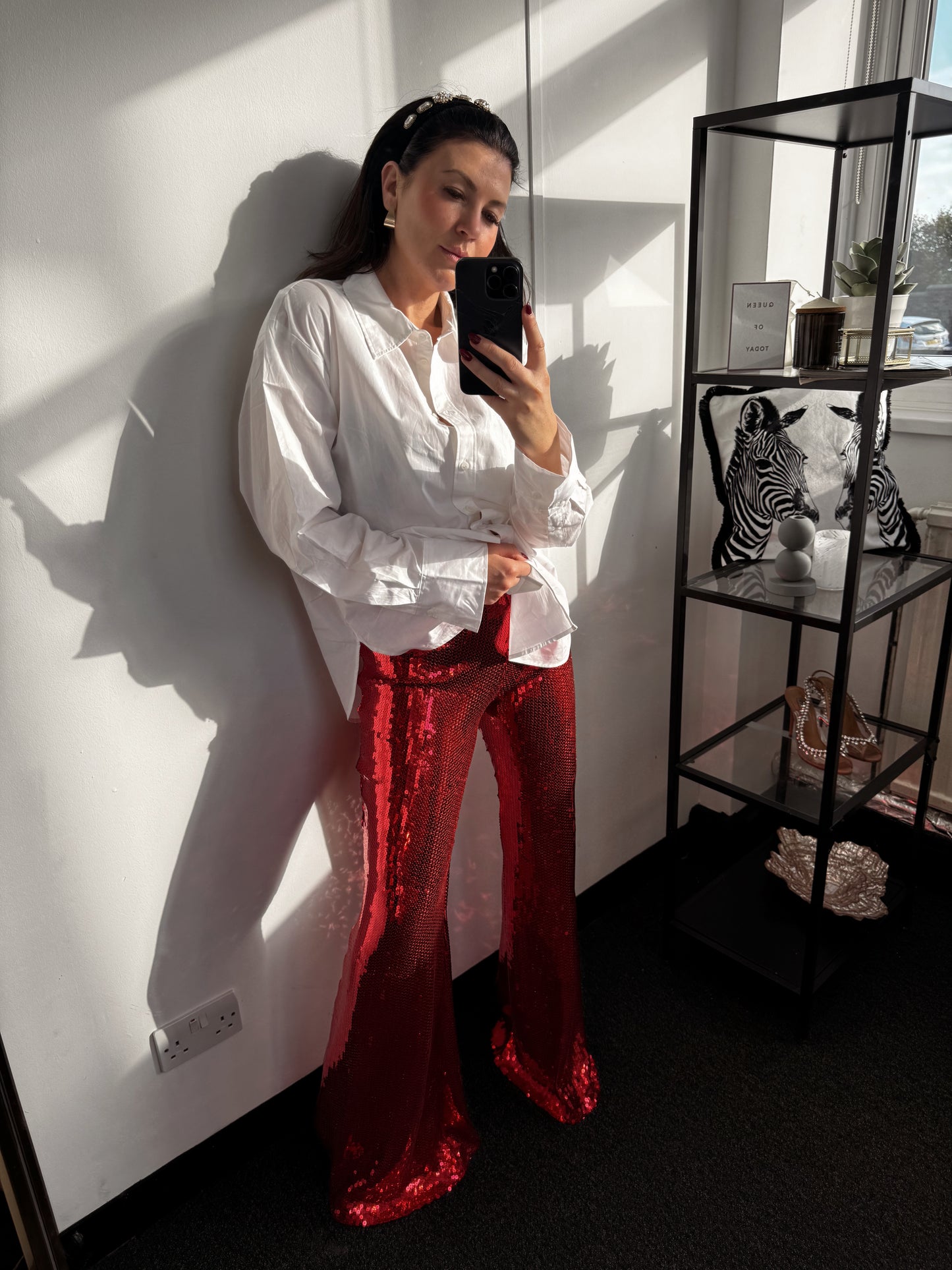 Red Sequin Stretch Mid Flares