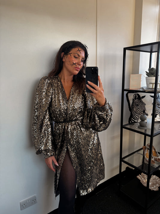 Bronze Sequin Midi Wrap Dress