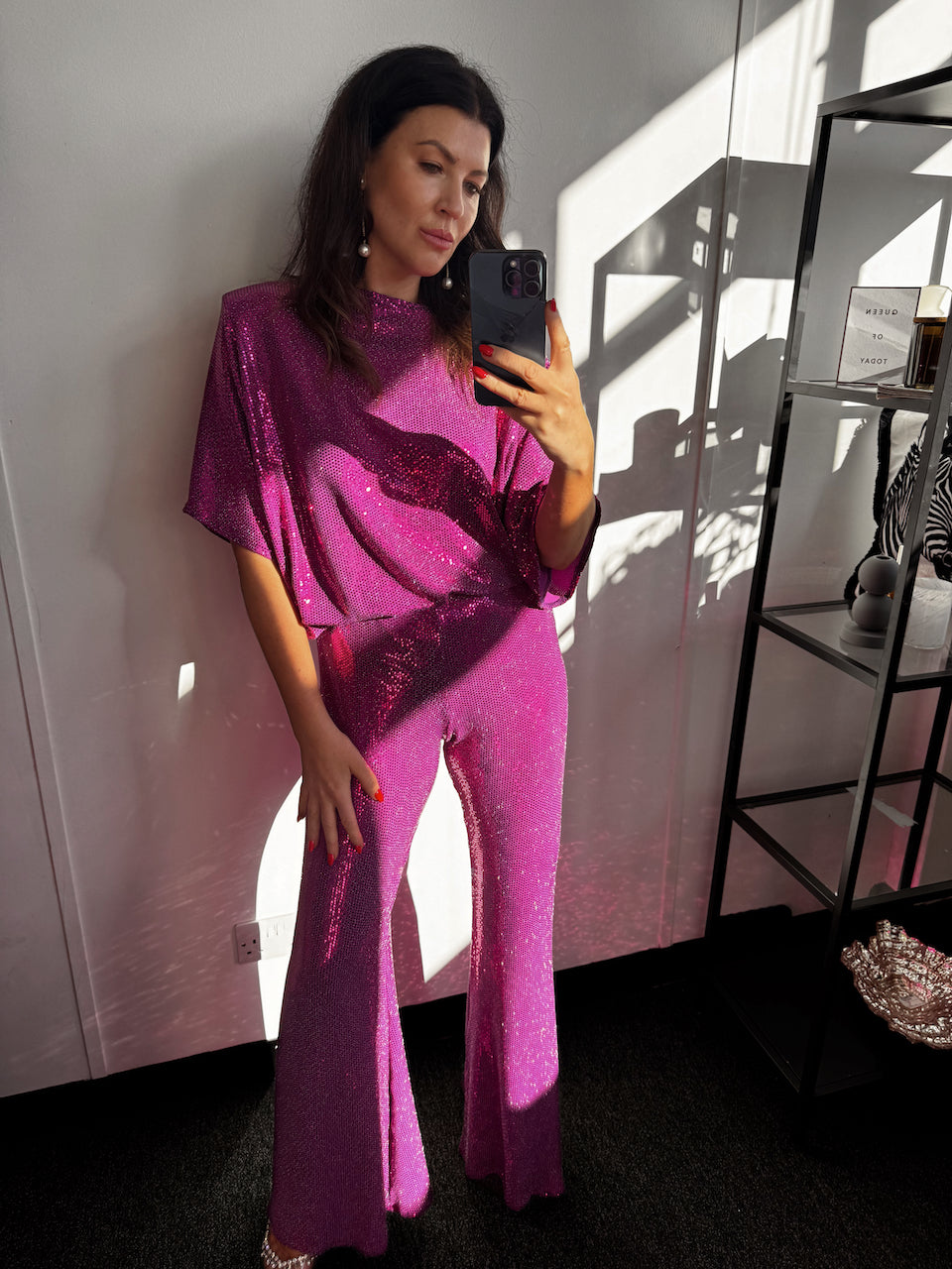 Magenta Sequin Tee And Mid Flare Co Ord