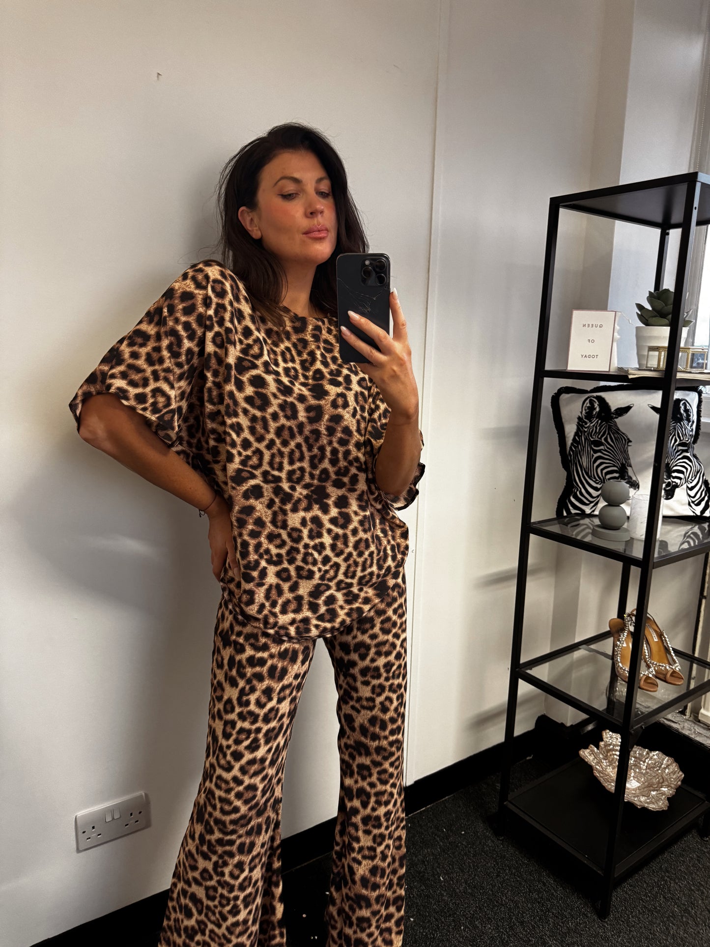 Biege Animal Print Tee And Stretch Flare Co Ord