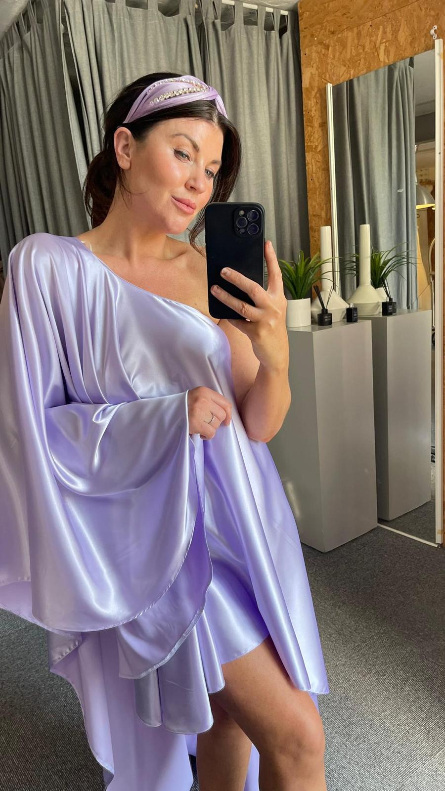 Lilac Sheen Asymmetric Cuff Drape Dress