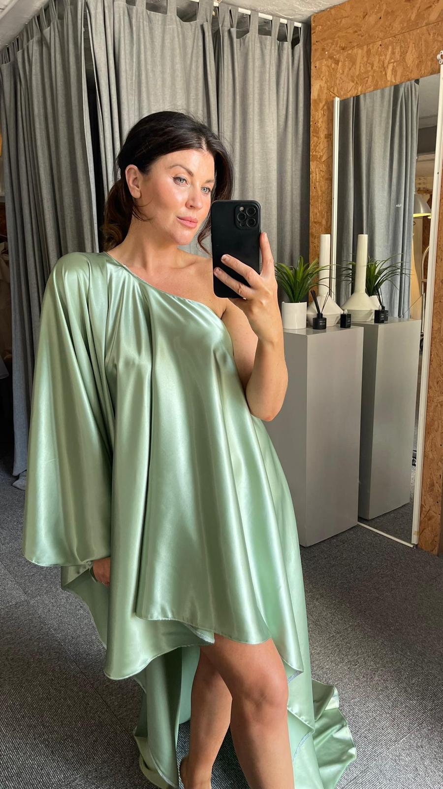 Fern Green Sheen Asymmetric Cuff Drape Dress - SALE