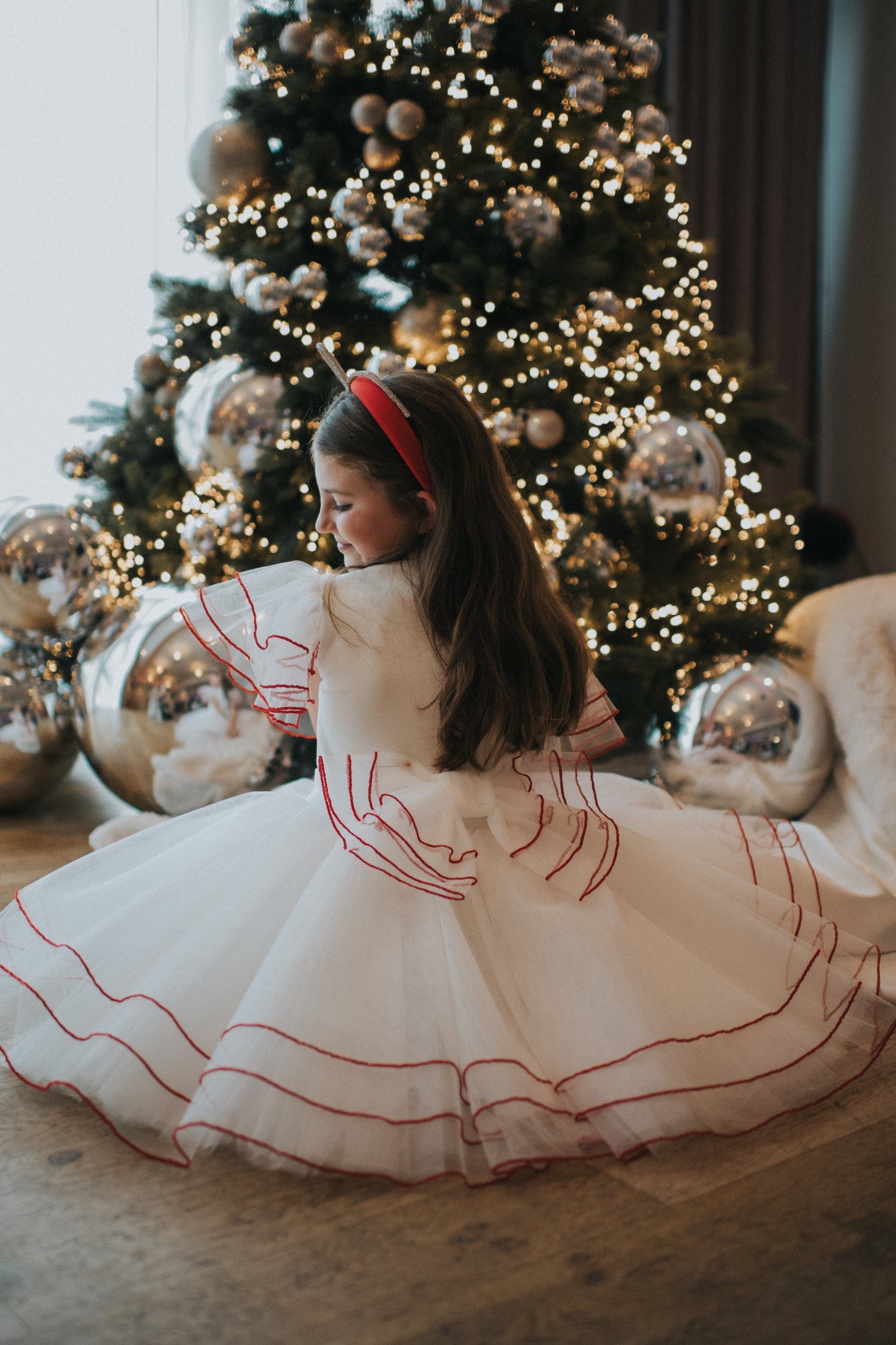 Merida Ivory Tulle Red Piping Dress